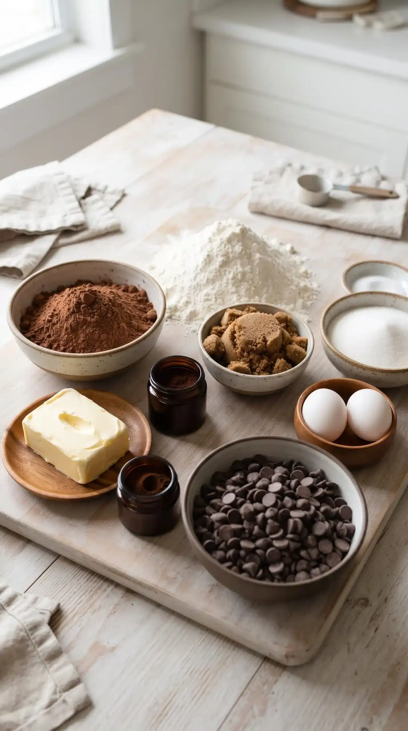 Ingredients for double chocolate chip cookies including cocoa powder, butter, sugars, eggs, flour, and chocolate chips