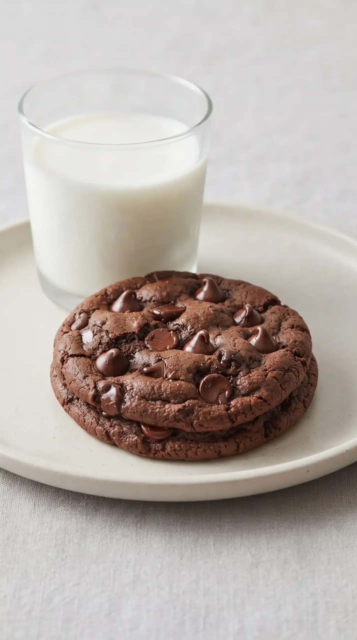 Double chocolate chip cookie served with a glass of cold milk