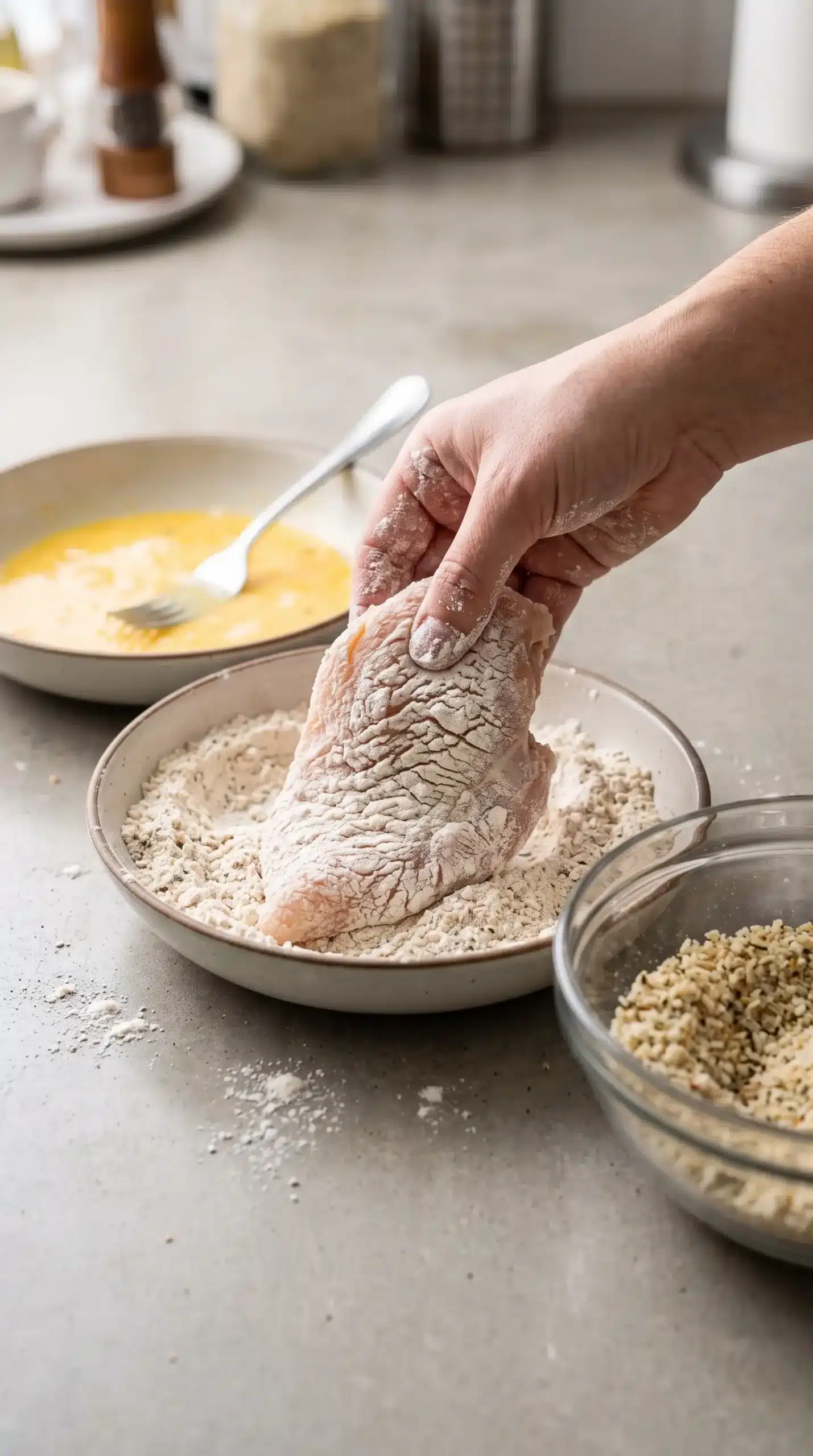 Chicken breast being coated in seasoned flour during the double dredging process
