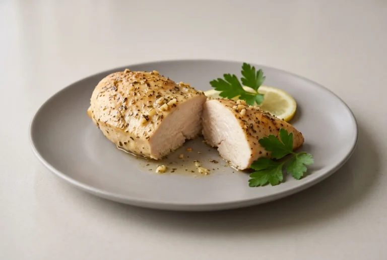 Sliced chicken breast with garlic, lemon, and herbs on a ceramic plate