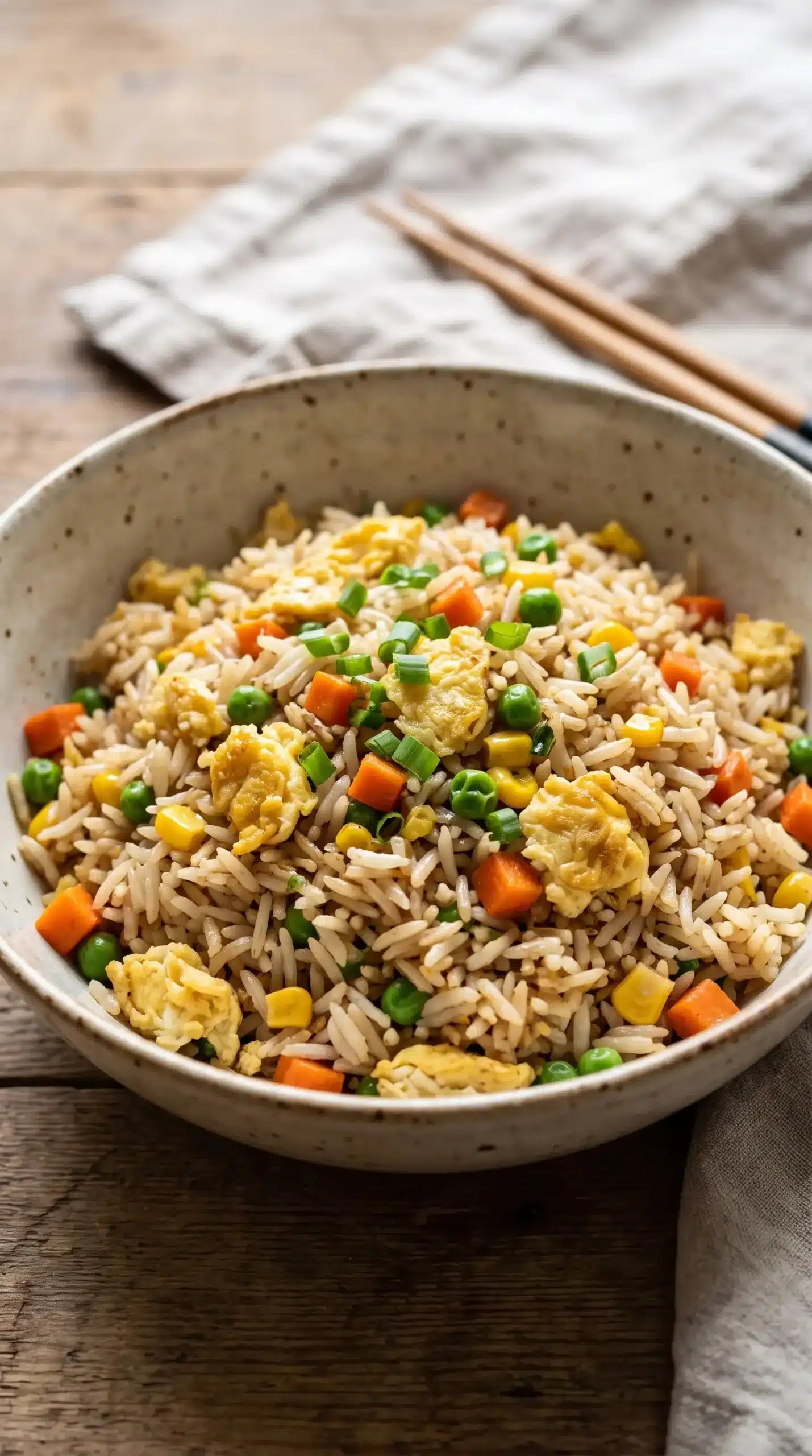 Homemade egg fried rice with vegetables and green onions in a bowl