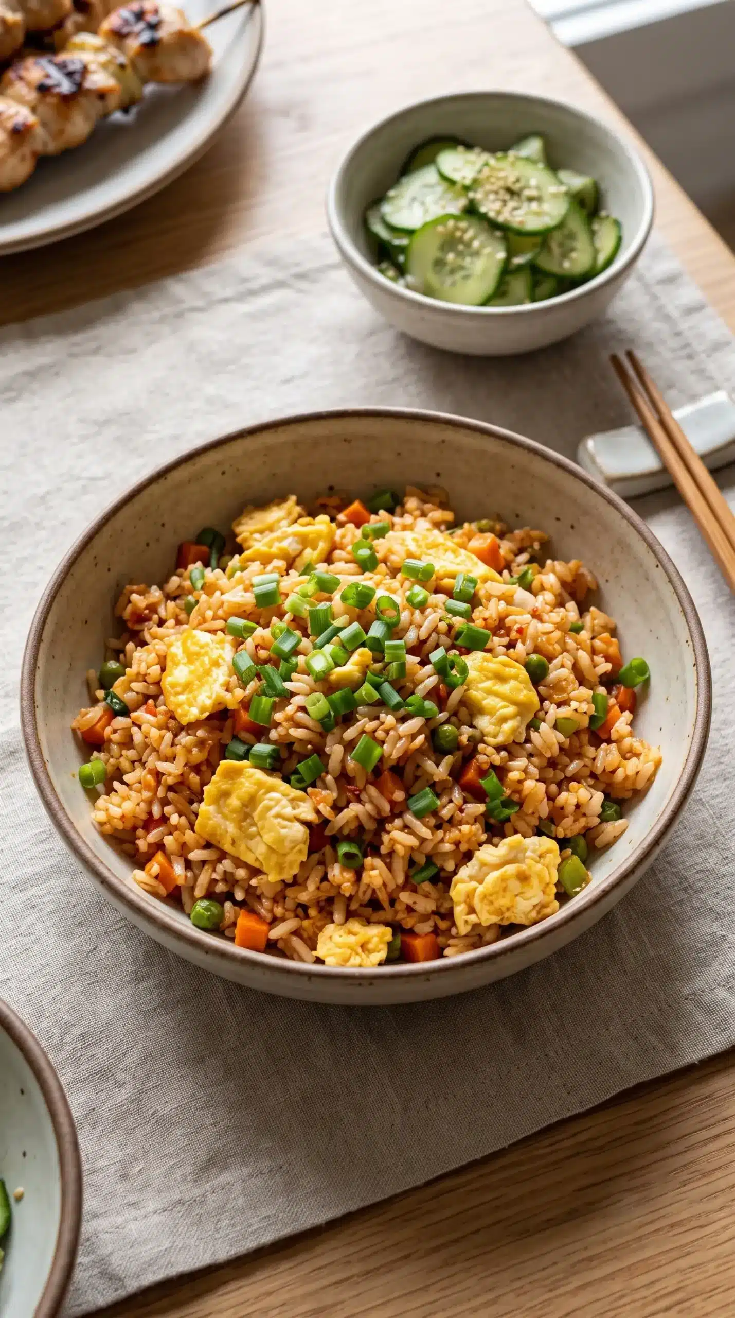Bowl of egg fried rice with green onions served with meal sides