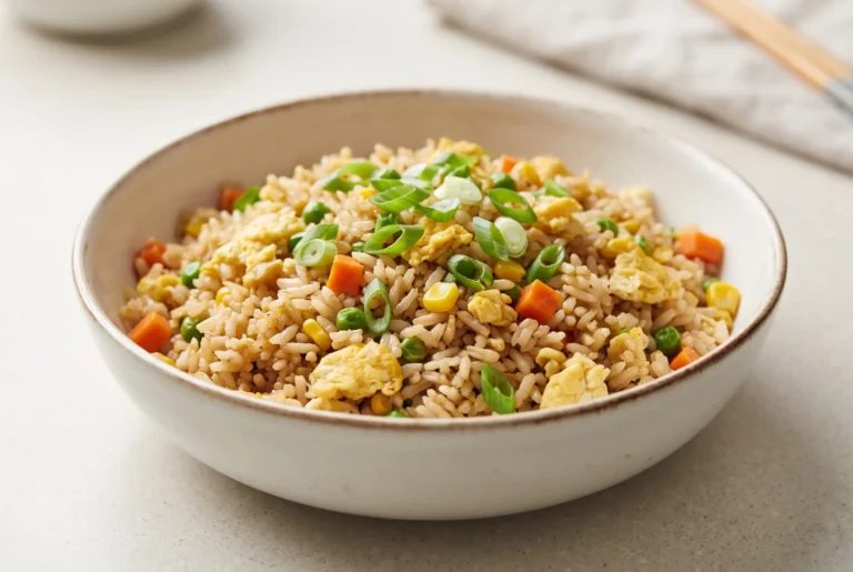 Egg fried rice with vegetables and green onions served in a bowl