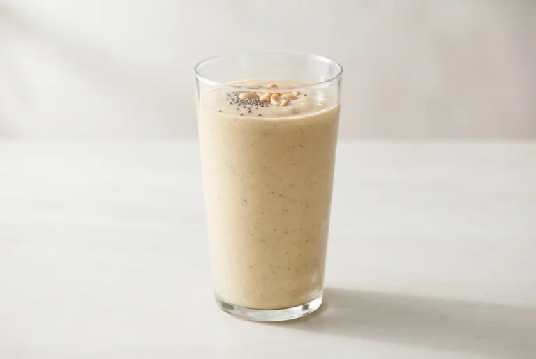 Energy boosting smoothie with banana, peanut butter, spinach, and chia seeds in a clear glass