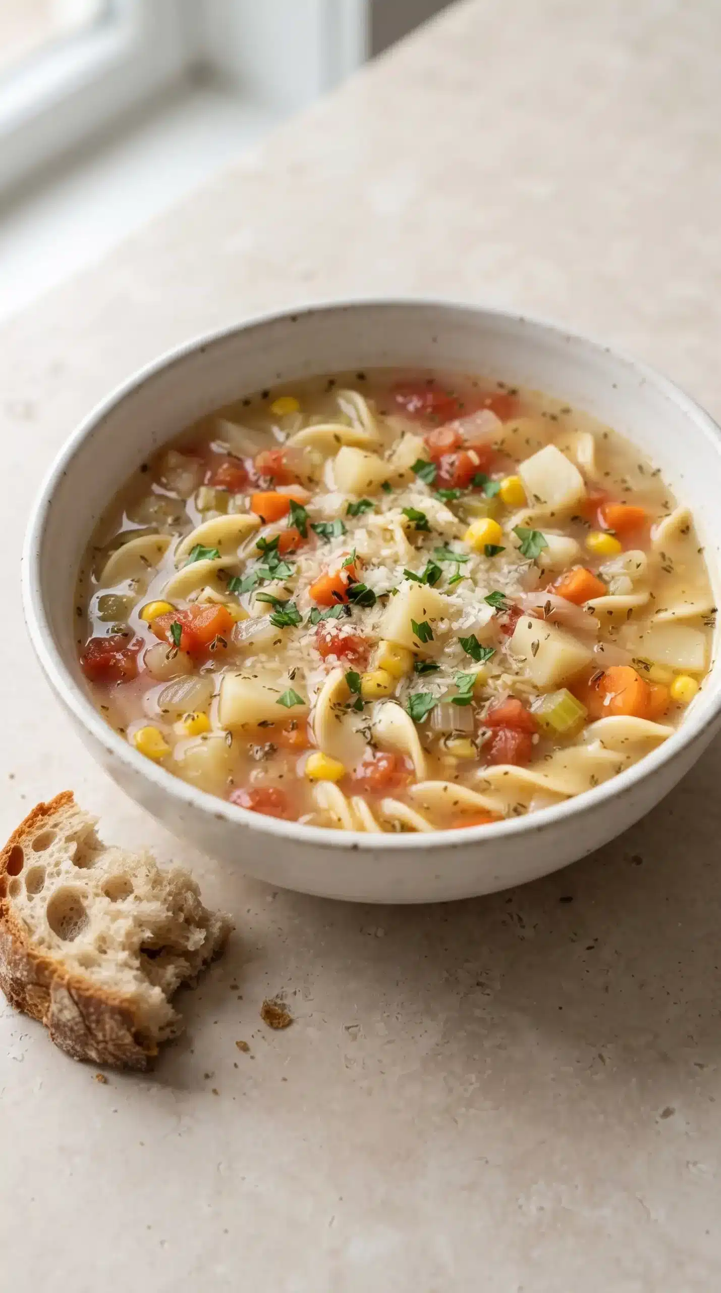 Finished Amish snow day soup with noodles, potatoes, vegetables, herbs, and crusty bread