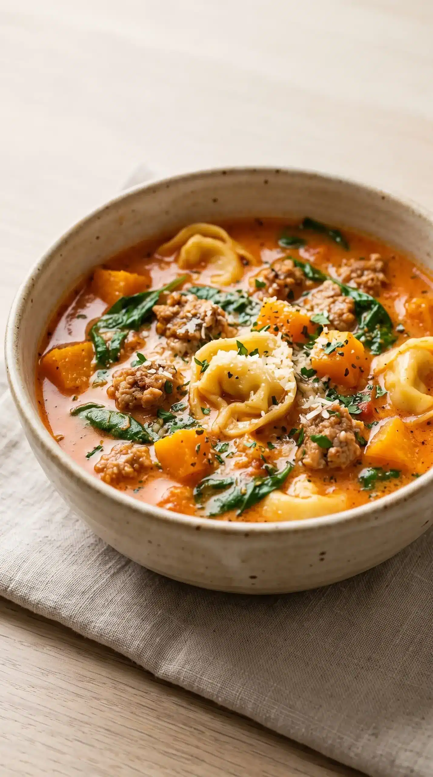 Bowl of Autumn Tortellini Soup with sausage, tortellini, butternut squash, spinach, and Parmesan