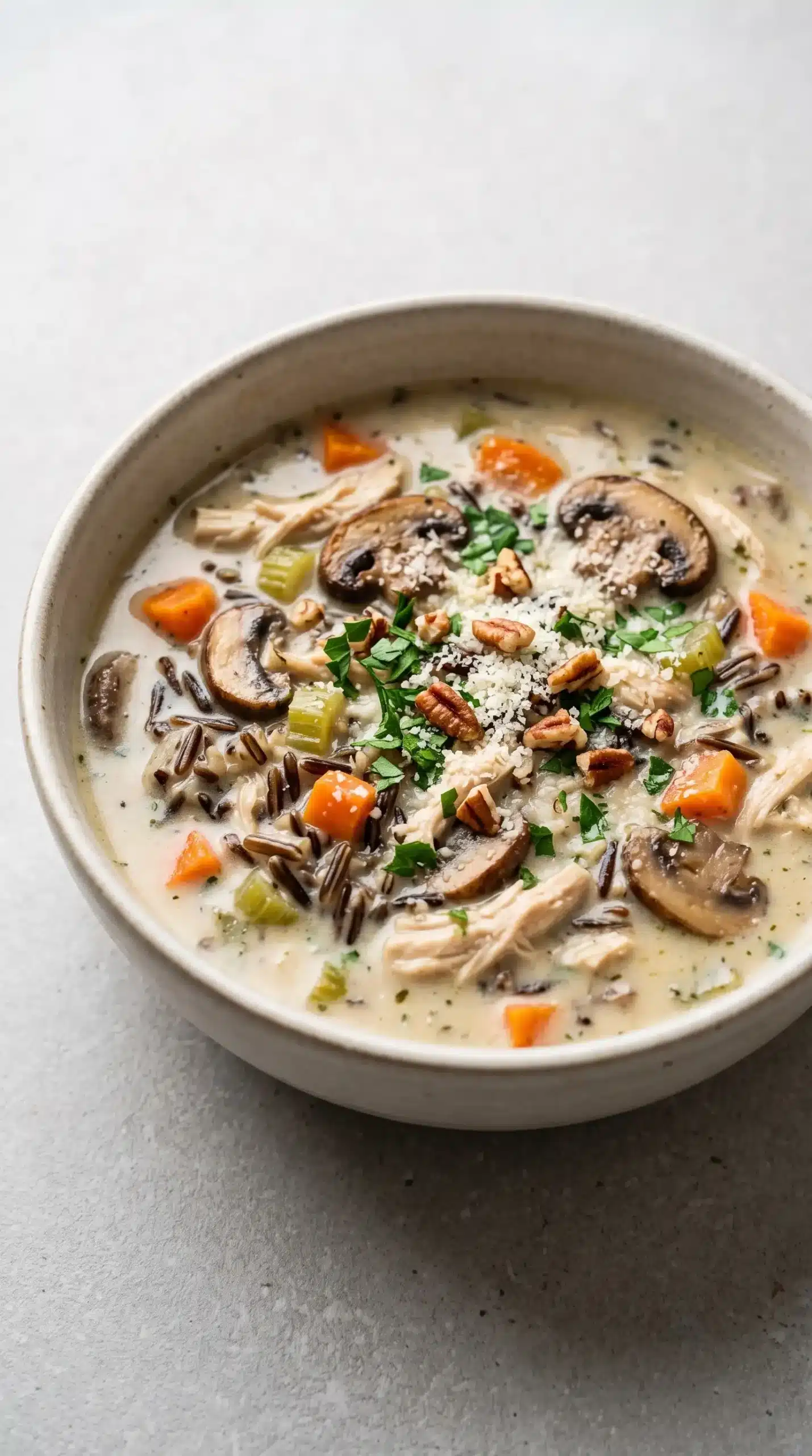 Finished autumn wild rice soup with chicken, mushrooms, herbs, pecans, and Parmesan