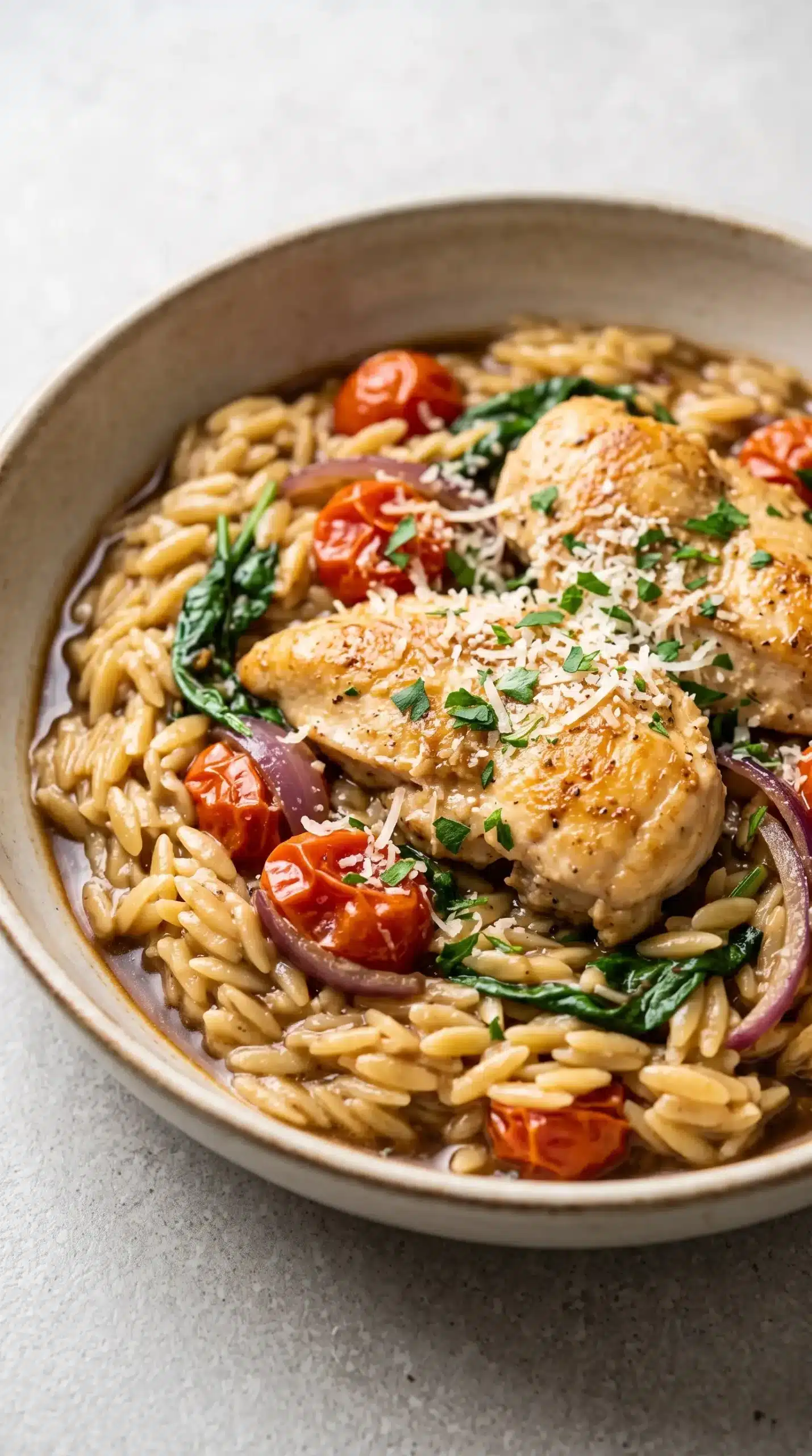 Finished balsamic chicken orzo skillet with spinach, tomatoes, Parmesan, and herbs