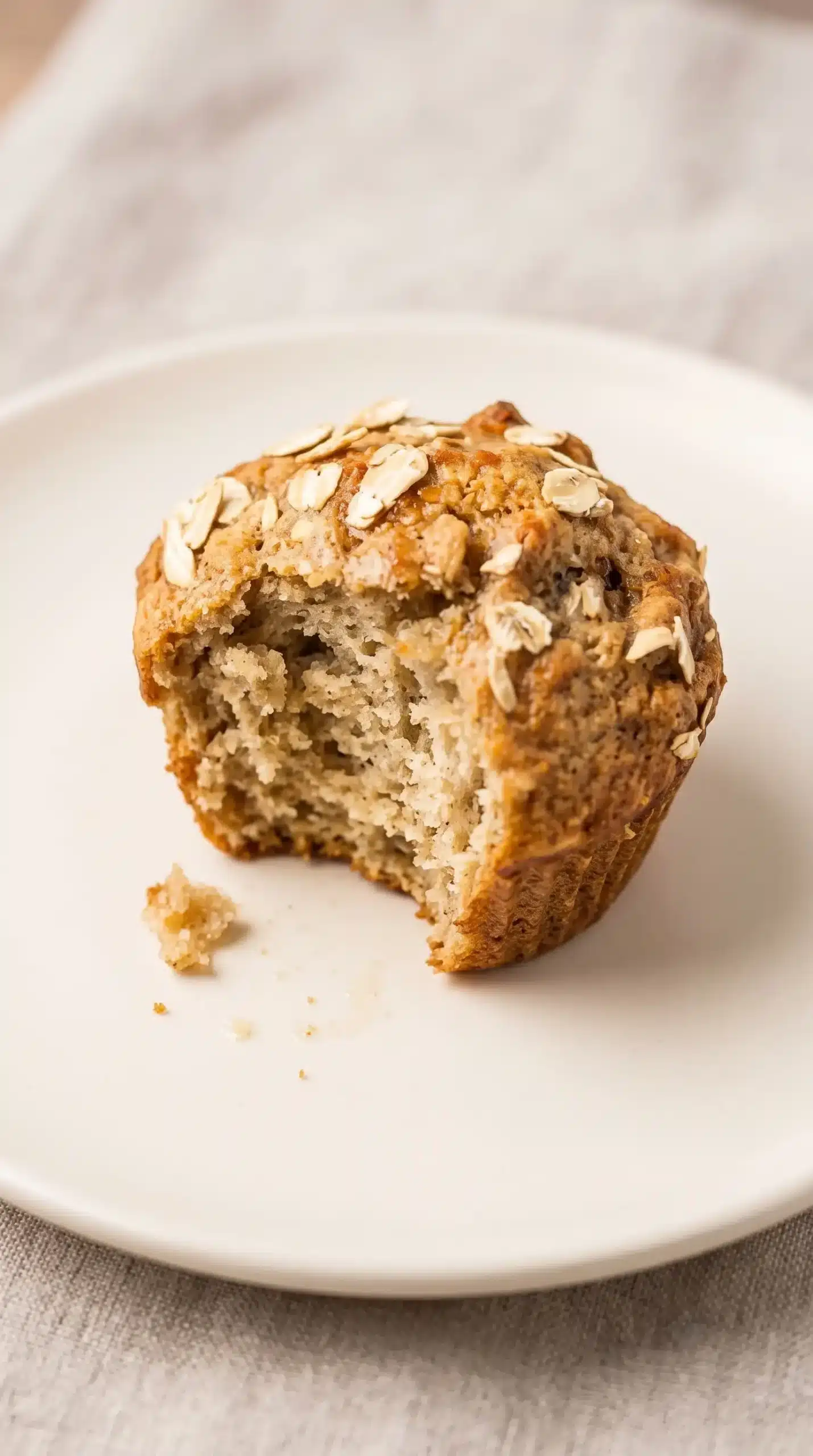 Finished banana oatmeal muffin showing a soft crumb and lightly golden top