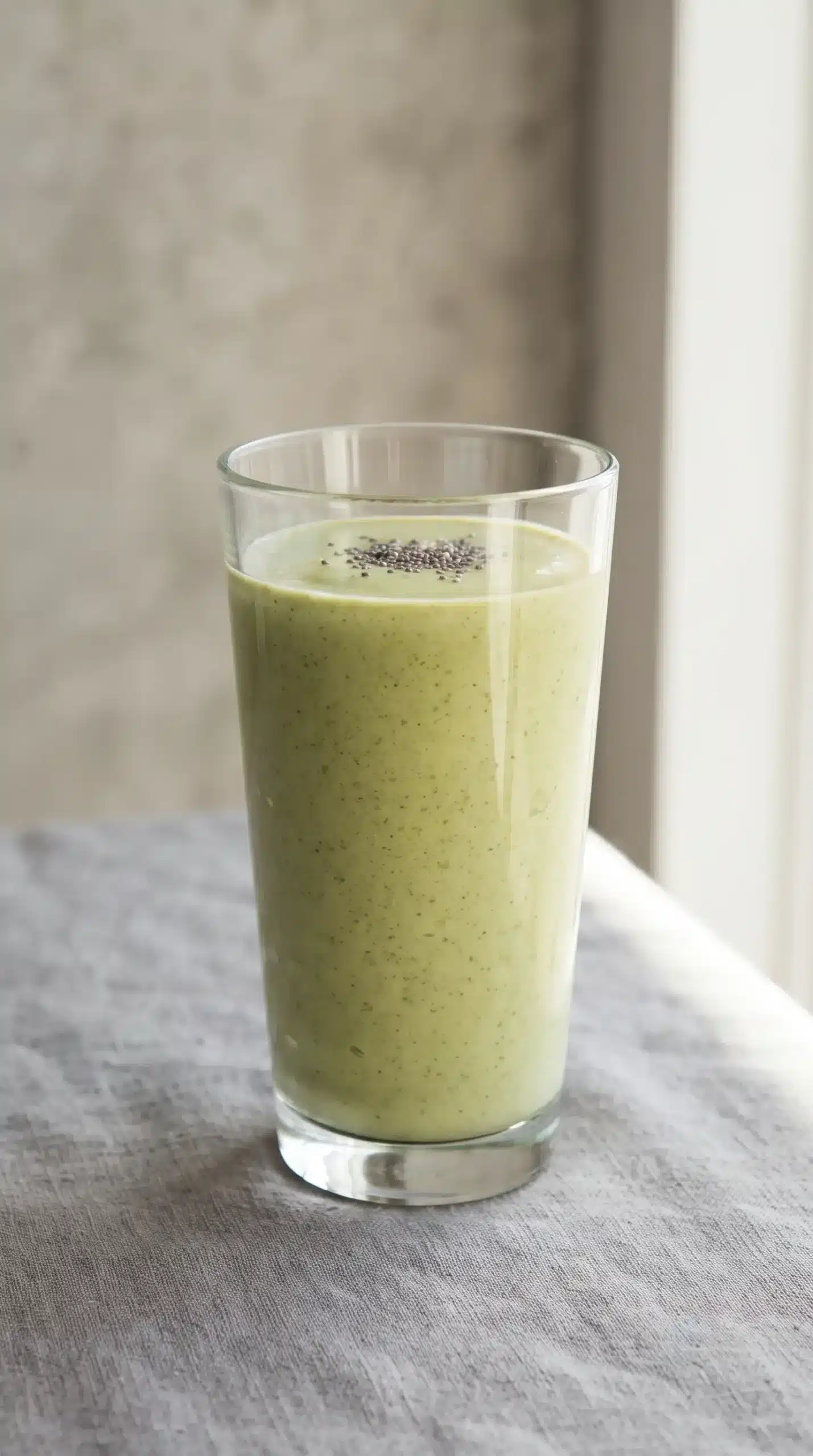 Finished banana spinach smoothie with peanut butter and chia seeds in a glass