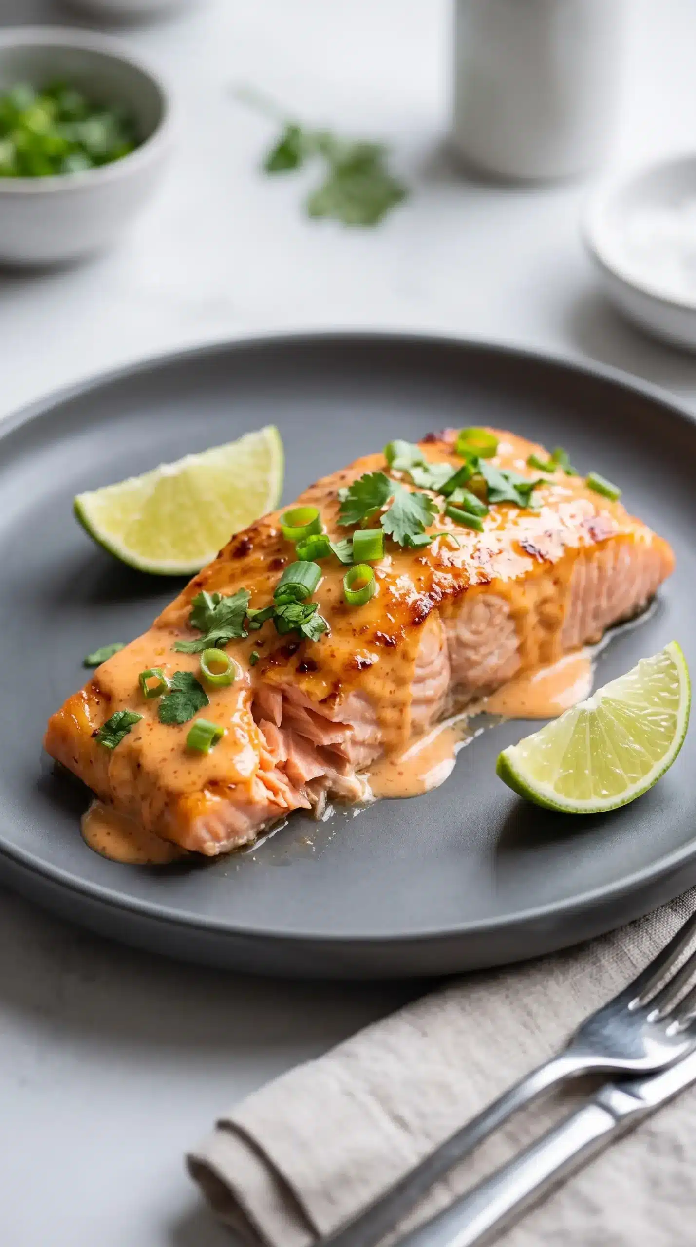 Plated bang bang salmon with creamy sauce, herbs, and lime garnish