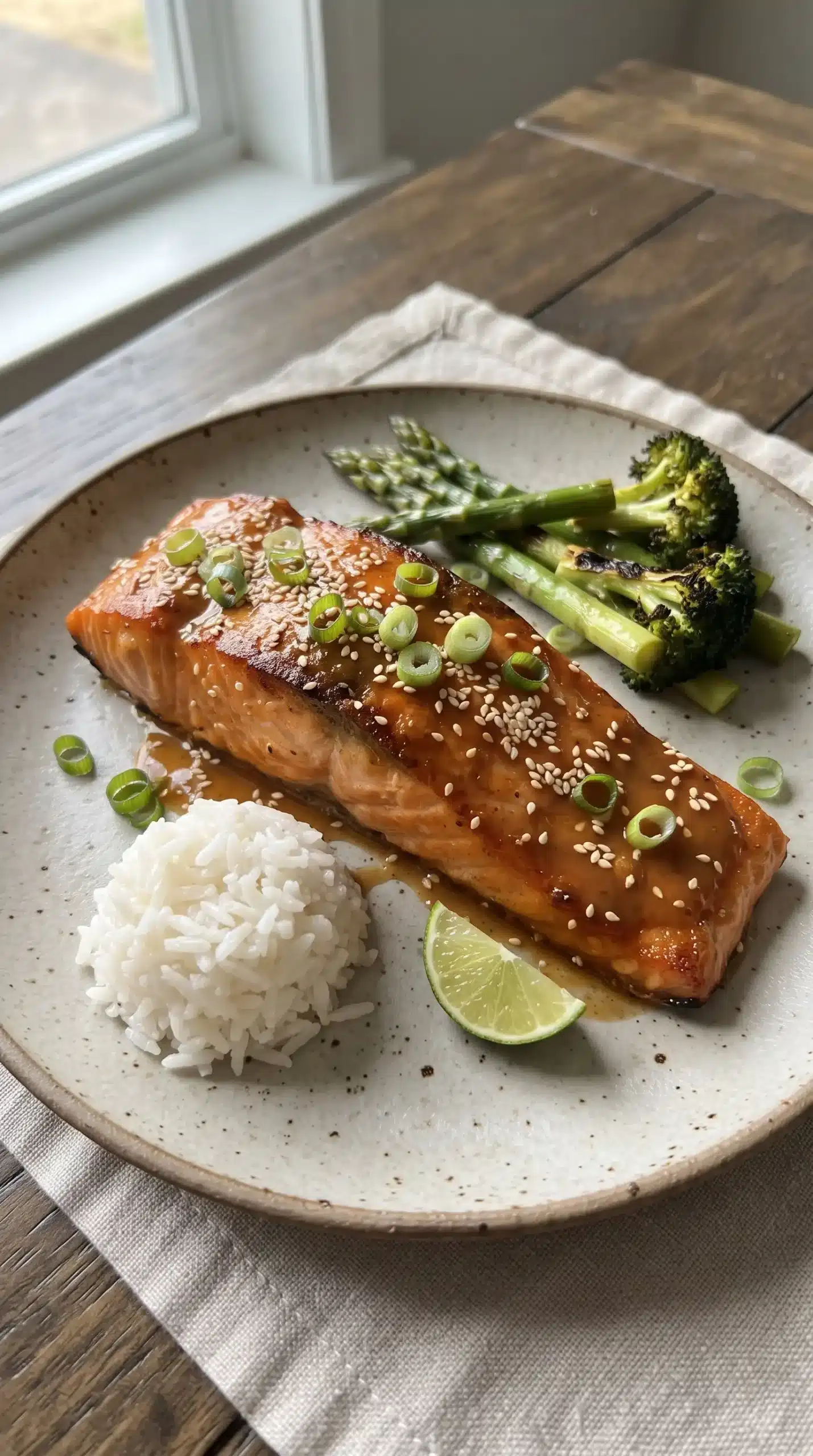 Plated bang bang salmon with creamy sweet and spicy sauce, flaky texture, and lime garnish