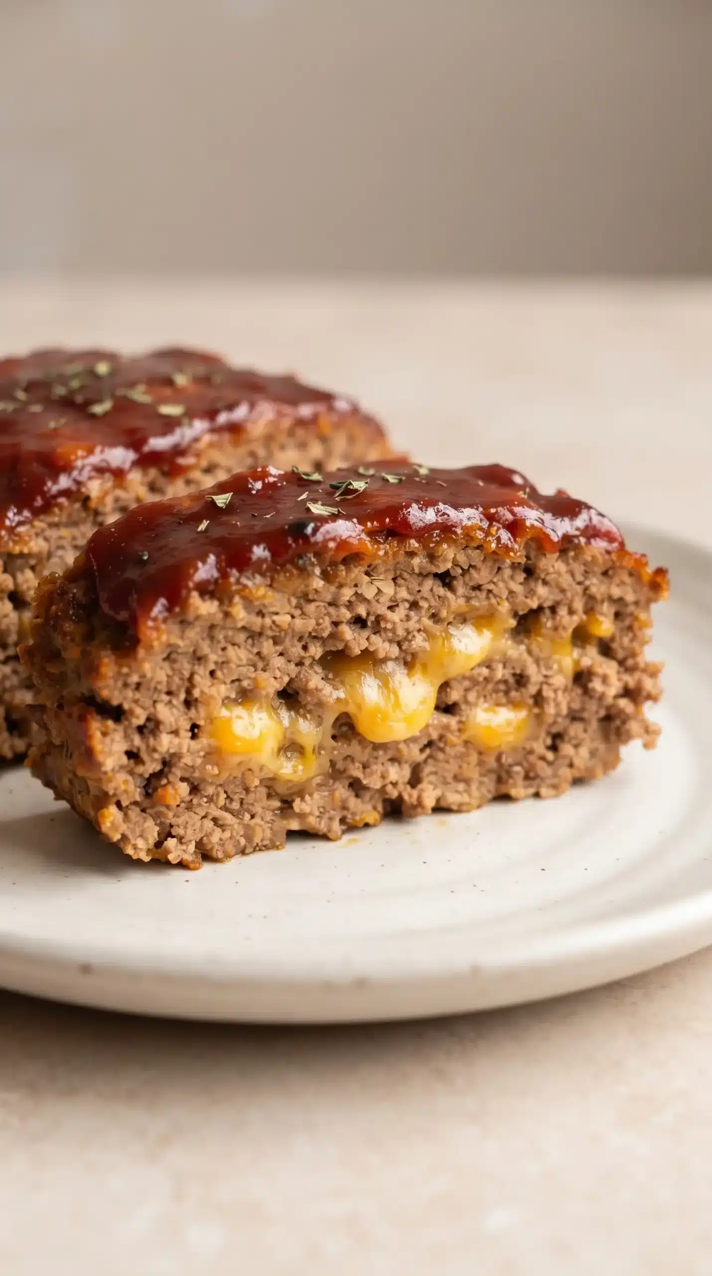 Finished BBQ Cheddar Meatloaf slice showing melted cheddar pockets and caramelized glaze
