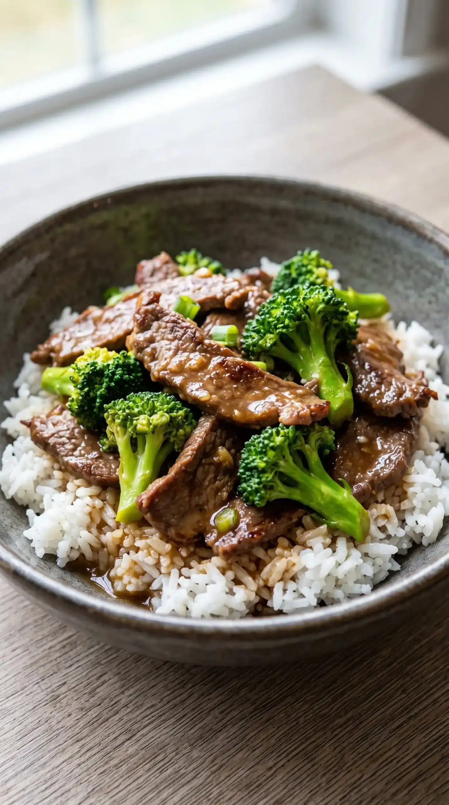 Finished beef and broccoli stir fry with glossy garlic ginger sauce served with rice