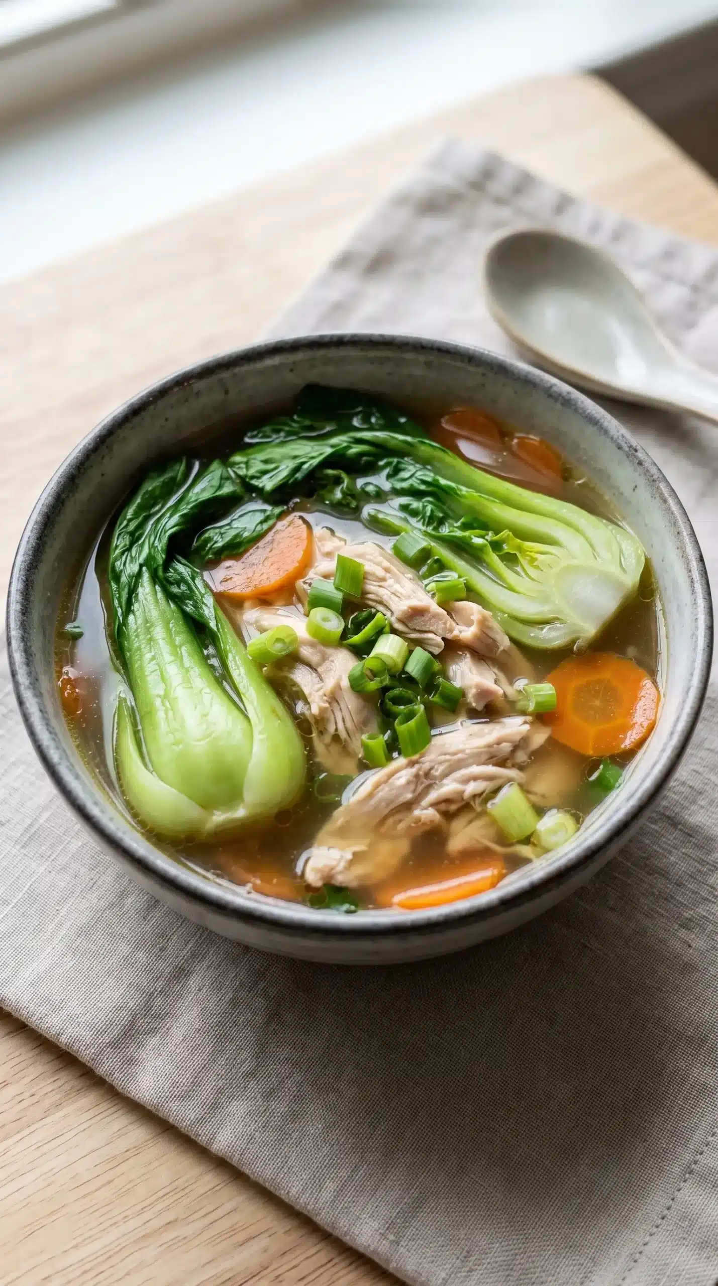 Finished bowl of bok choy chicken soup with chicken and clear garlic ginger broth