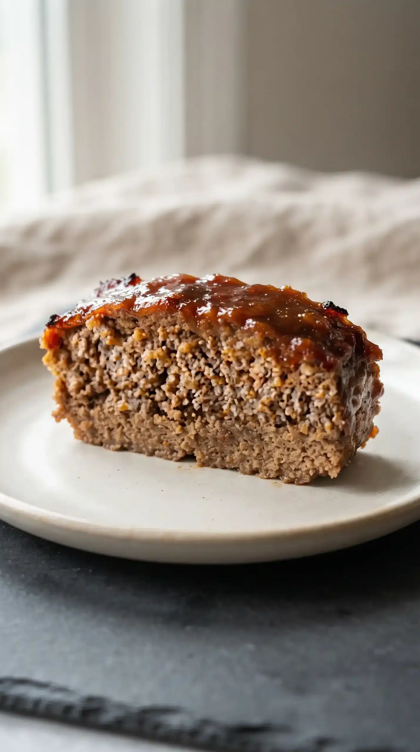 Slice of meatloaf with brown sugar glaze showing a caramelized topping and moist beef texture