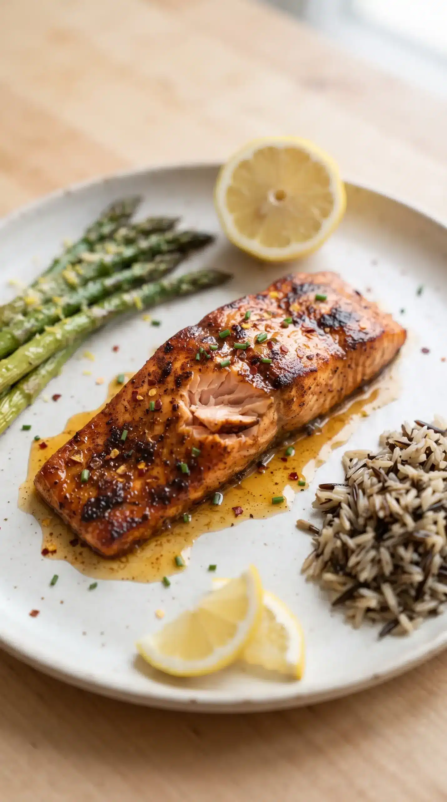 Finished Cajun honey butter salmon with flaky center, caramelized edges, and sauce coating