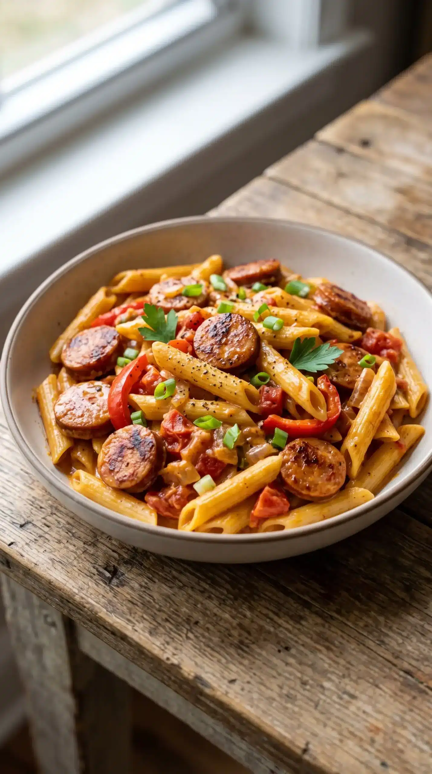Bowl of cajun sausage pasta with creamy cheese sauce, browned sausage, peppers, and tomatoes