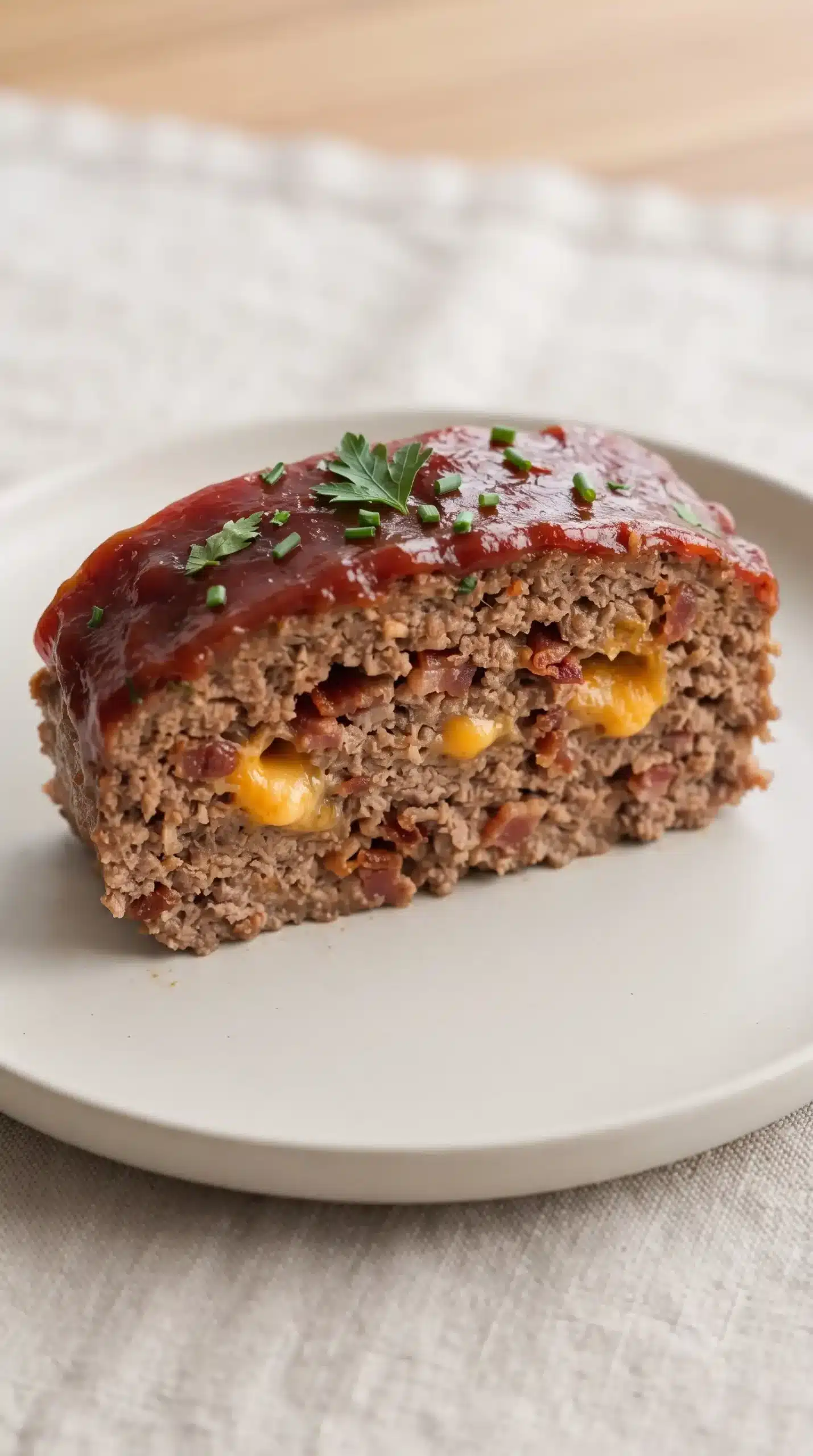 Finished cheeseburger meatloaf slice with melted cheddar, bacon, and ketchup glaze