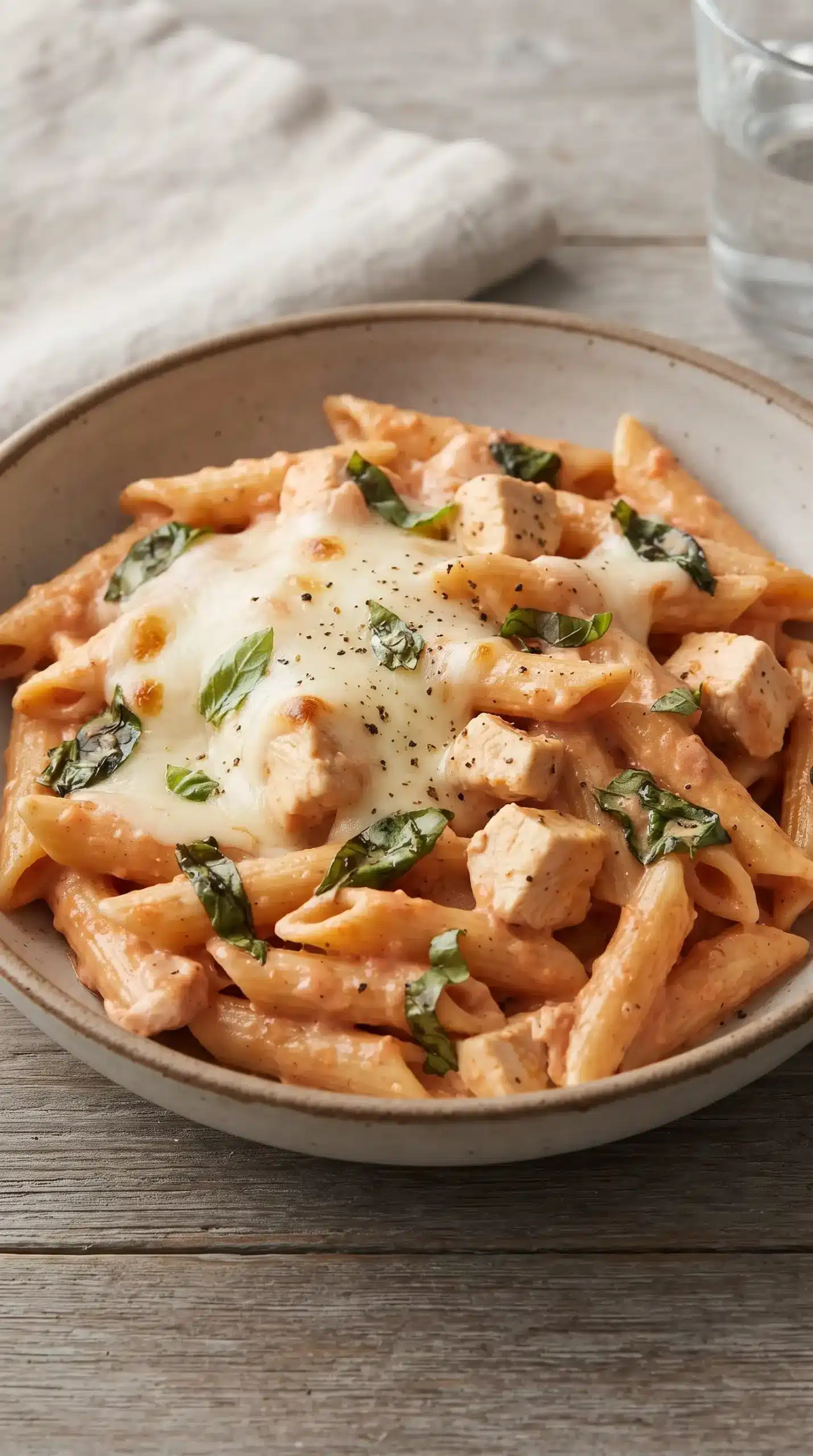 Bowl of cheesy chicken pasta with creamy garlic cheese sauce and herbs