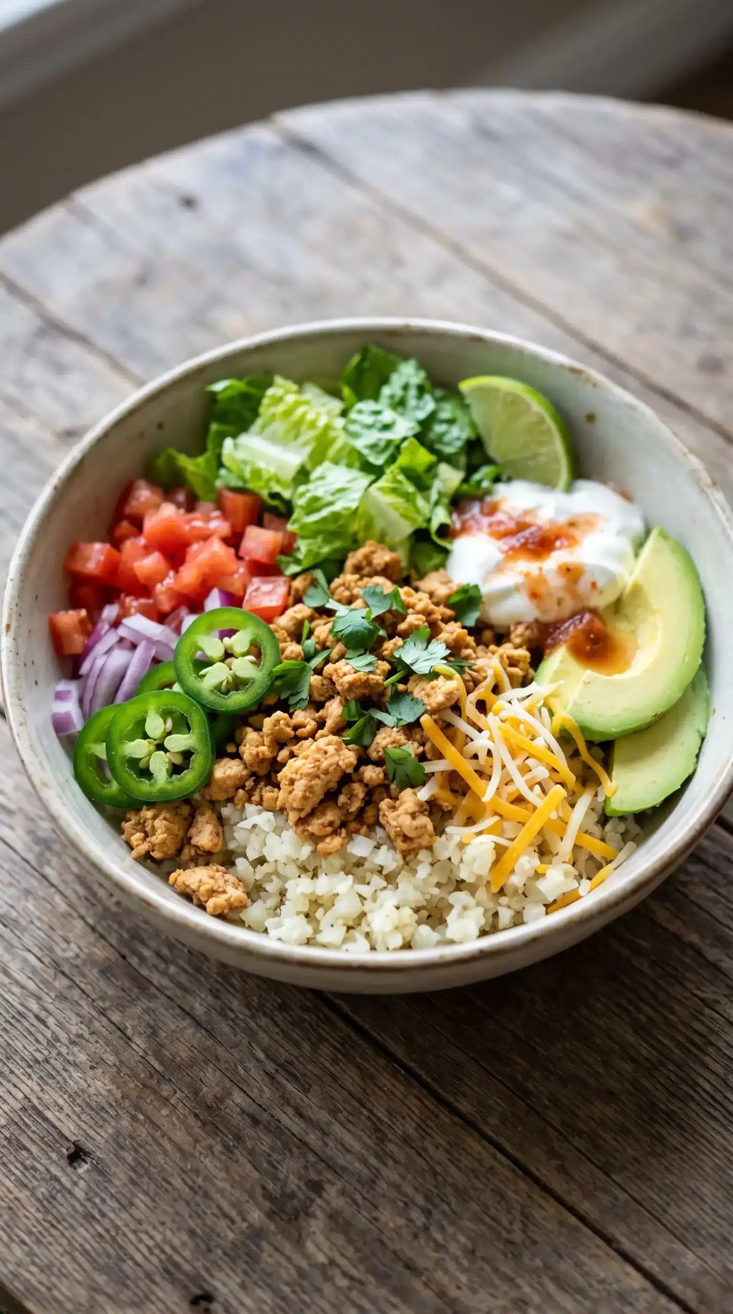 Finished low carb burrito bowl with cauliflower rice, chicken, vegetables, and creamy toppings