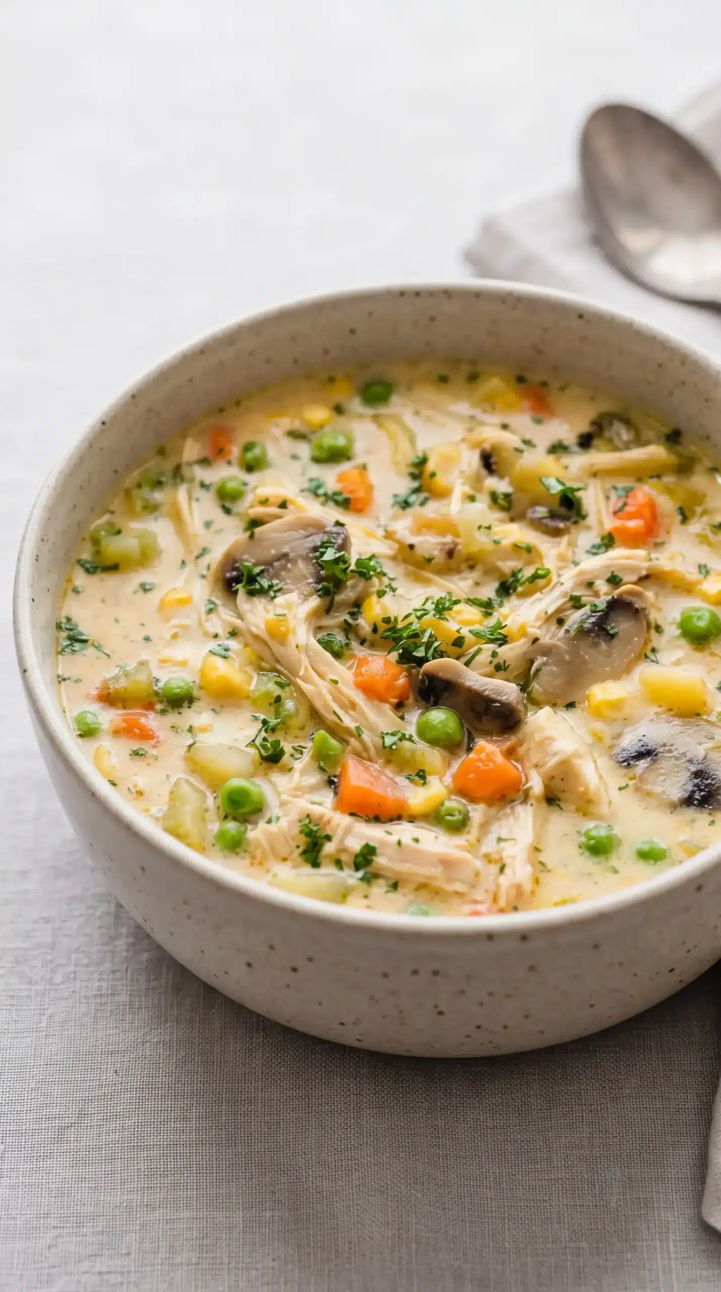 Finished Chicken Pot Pie Soup with shredded chicken, potatoes, and vegetables in a bowl