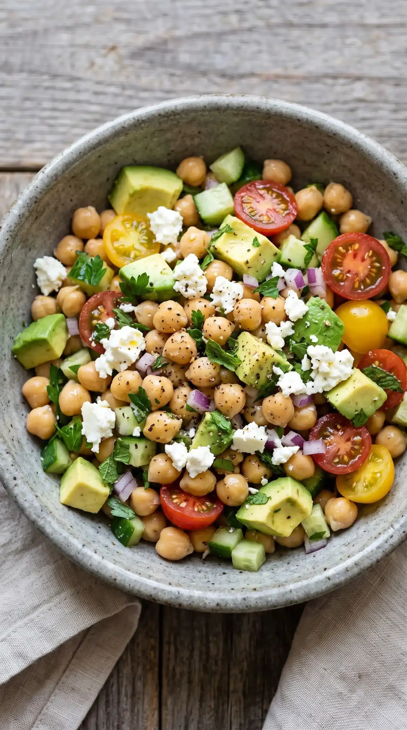 Finished chickpea feta avocado salad with avocado, feta, herbs, and lemon dressing