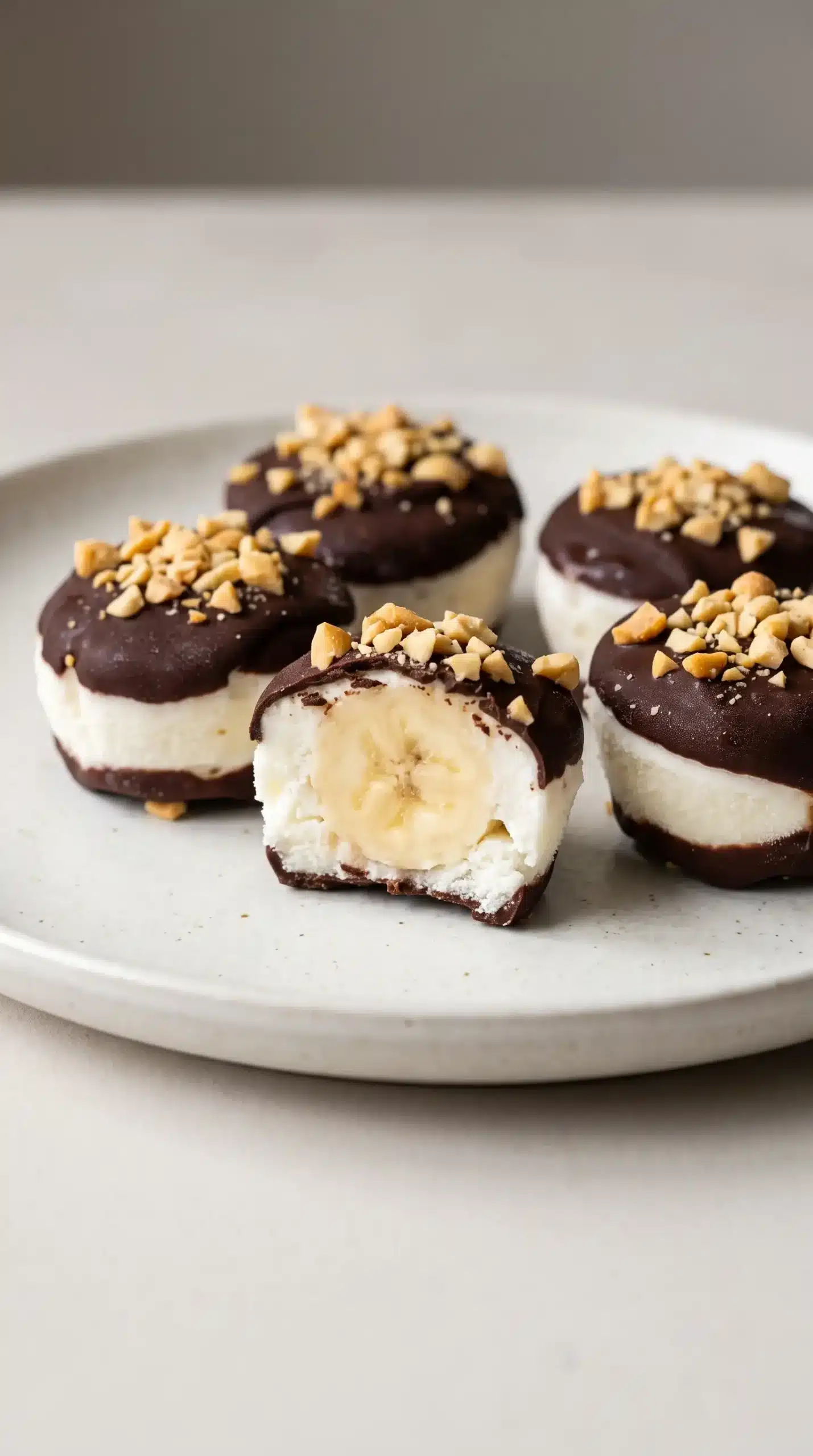Finished chocolate banana yogurt bites with dark chocolate topping and peanuts