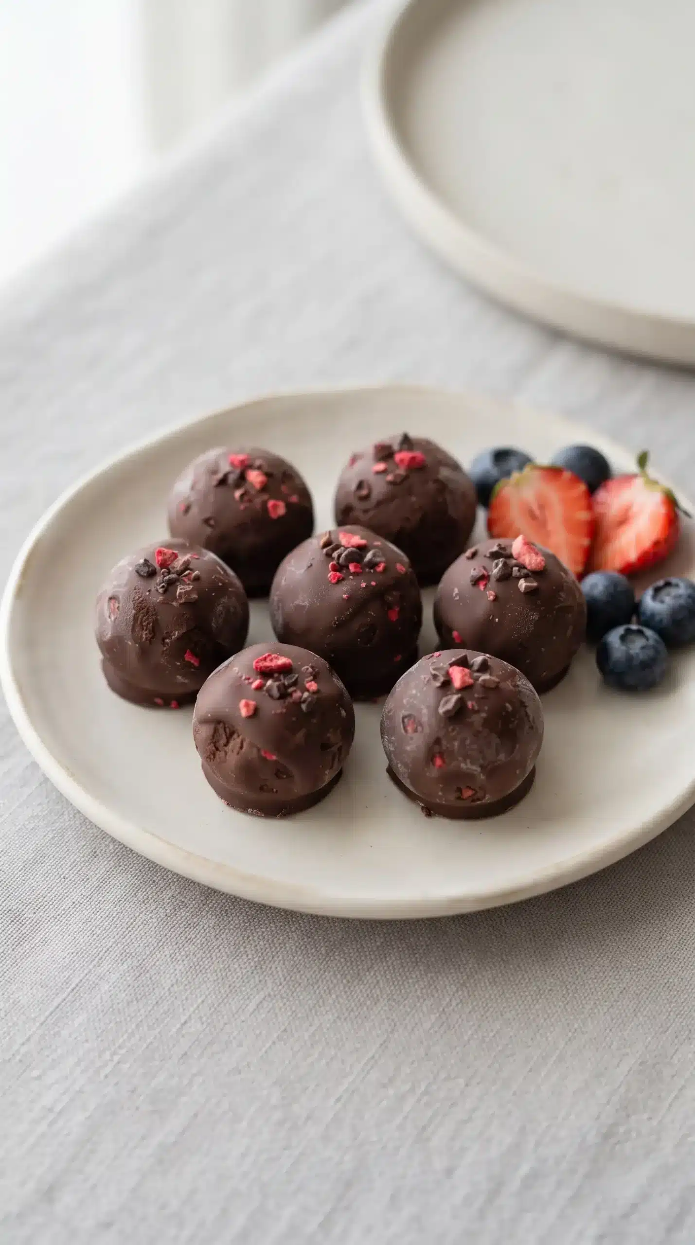 Finished chocolate strawberry bliss bites with berry pieces served as chilled dessert treats
