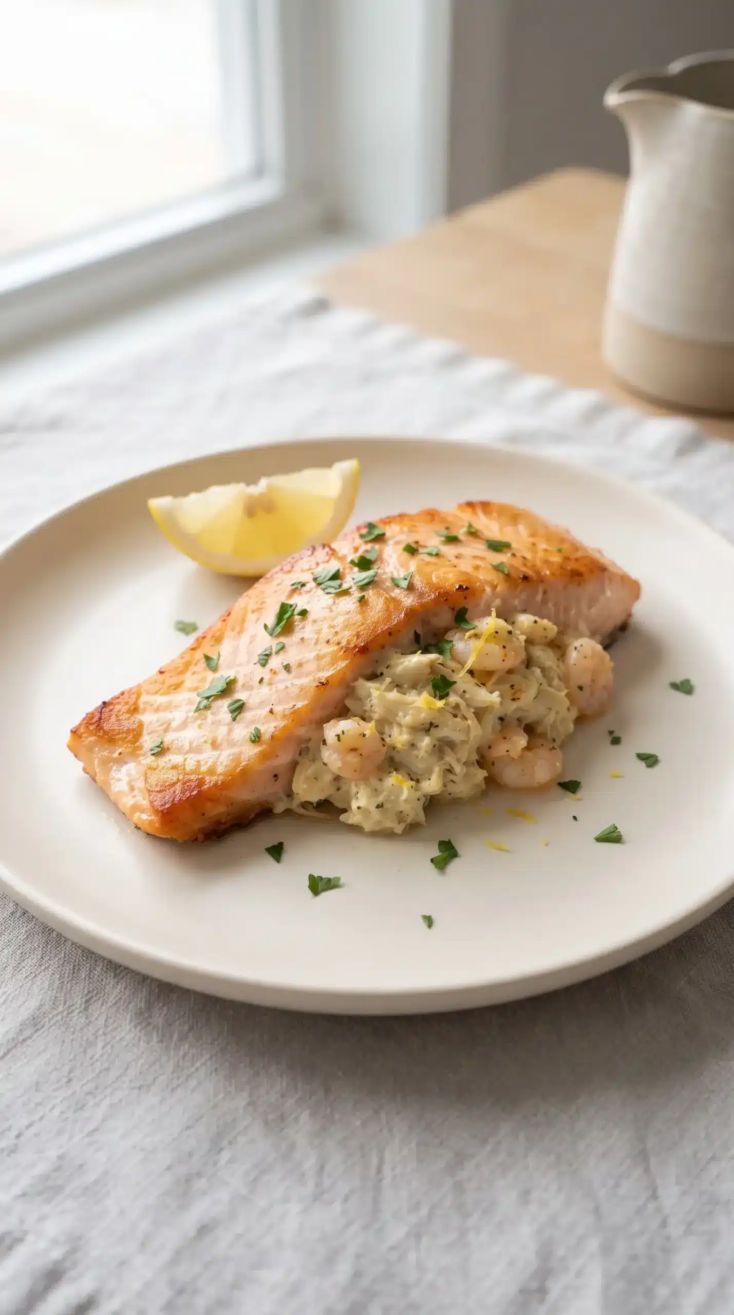 Finished crab shrimp stuffed salmon with creamy filling, lemon, and parsley garnish