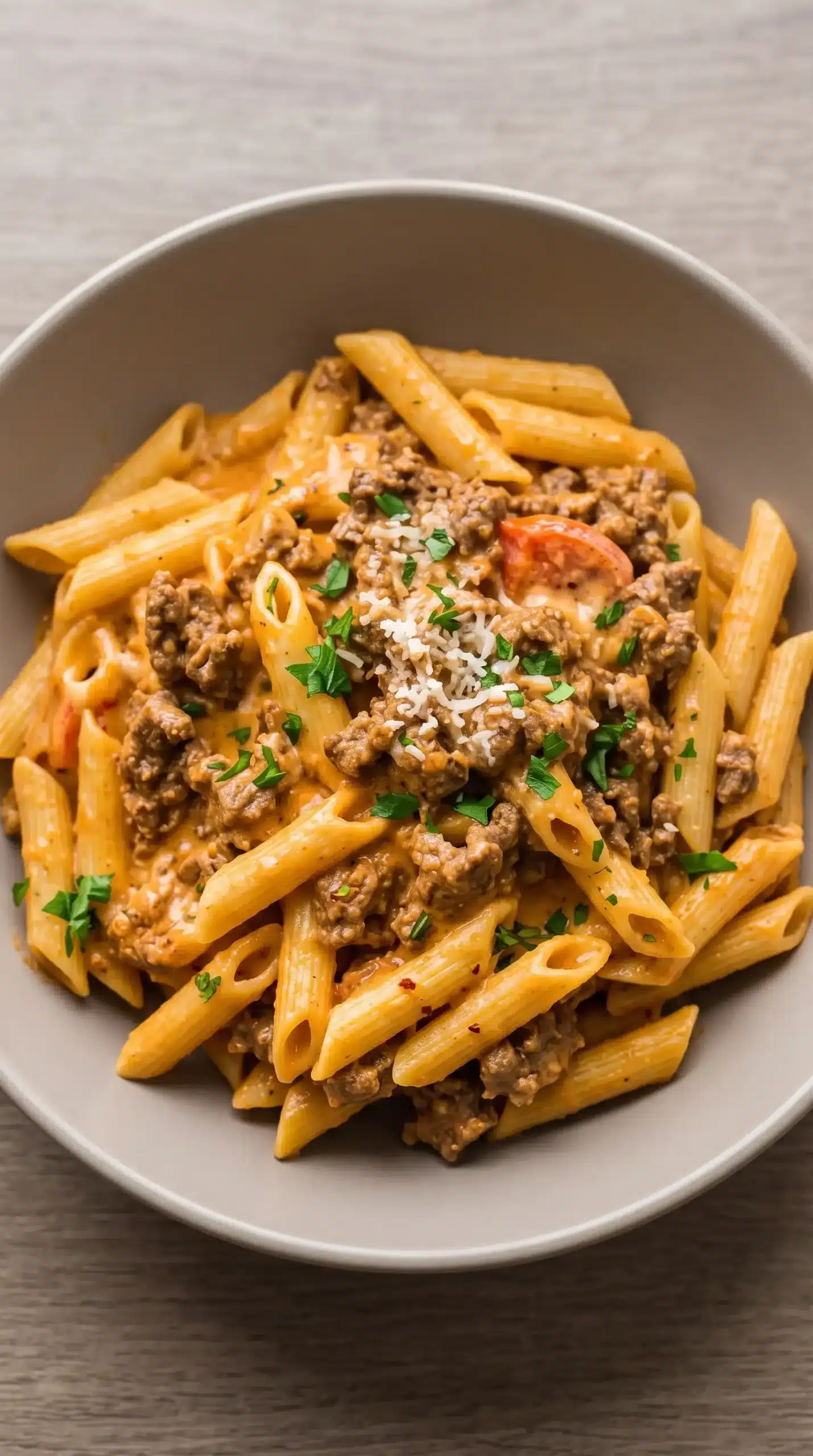 Finished creamy beef pasta with Greek yogurt sauce, Parmesan, and tender penne in a bowl