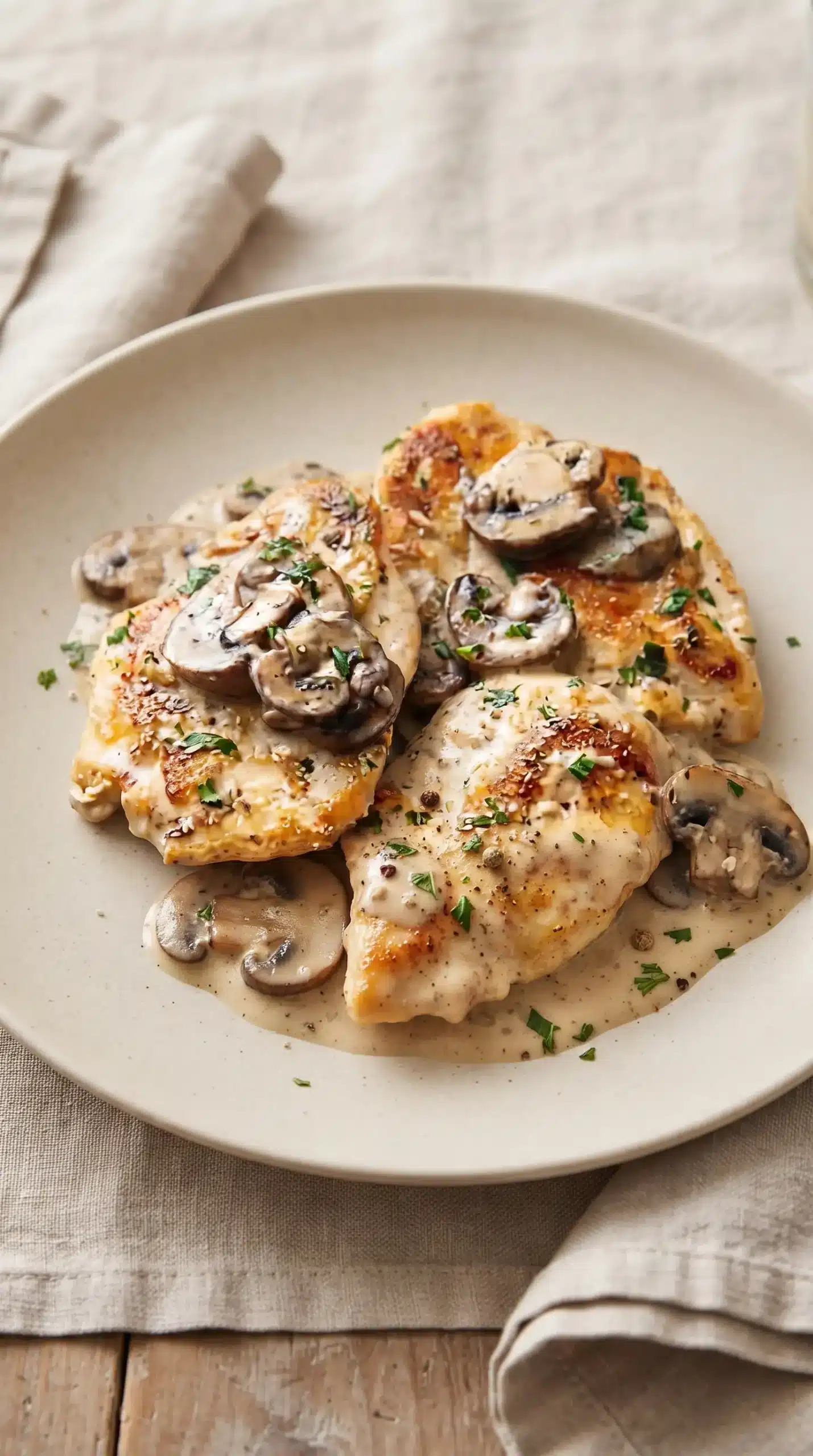 Finished creamy garlic chicken with mushrooms topped with parsley on a plate