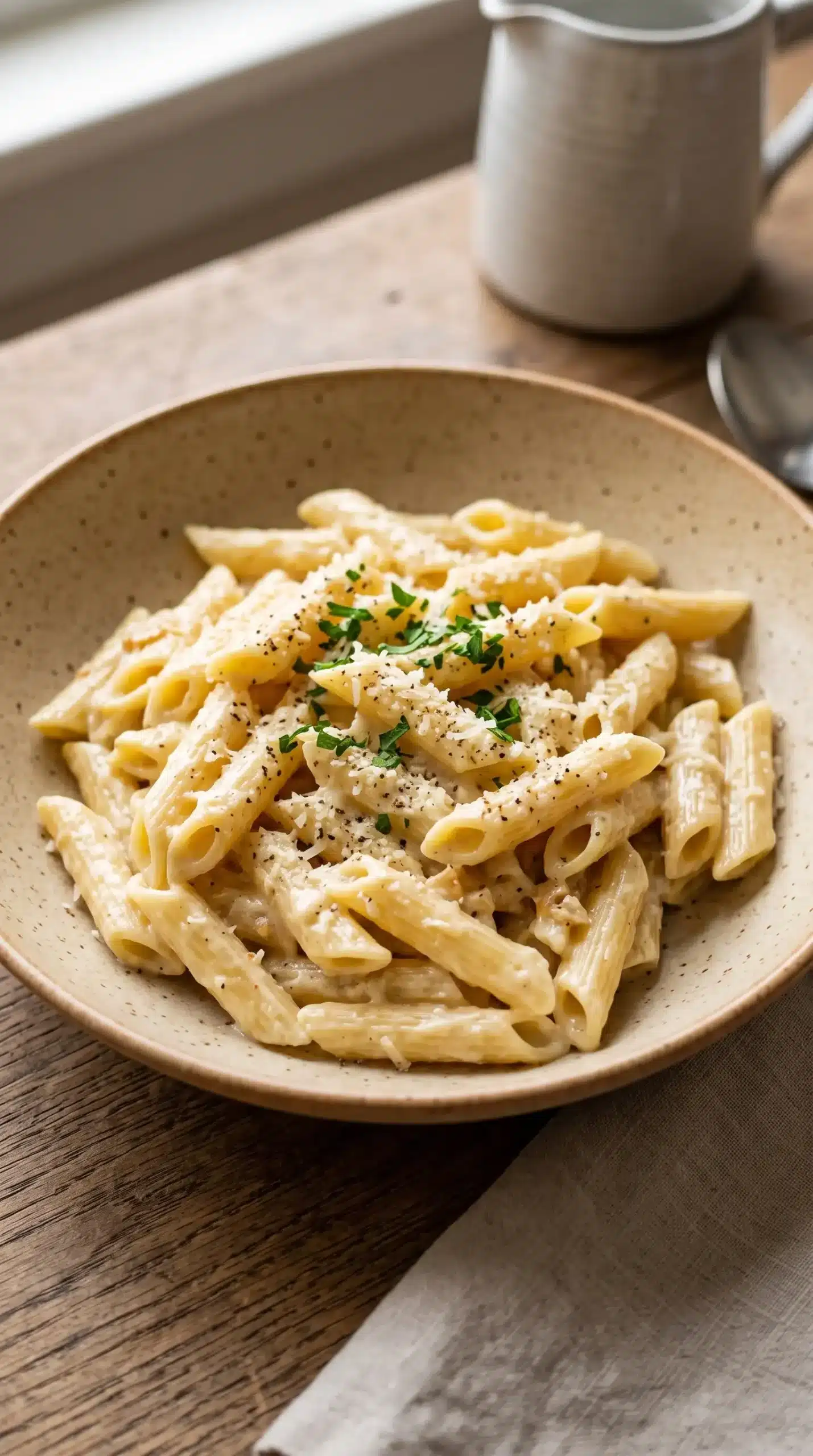 Finished creamy garlic pasta with smooth garlic Parmesan sauce, grated cheese, and parsley