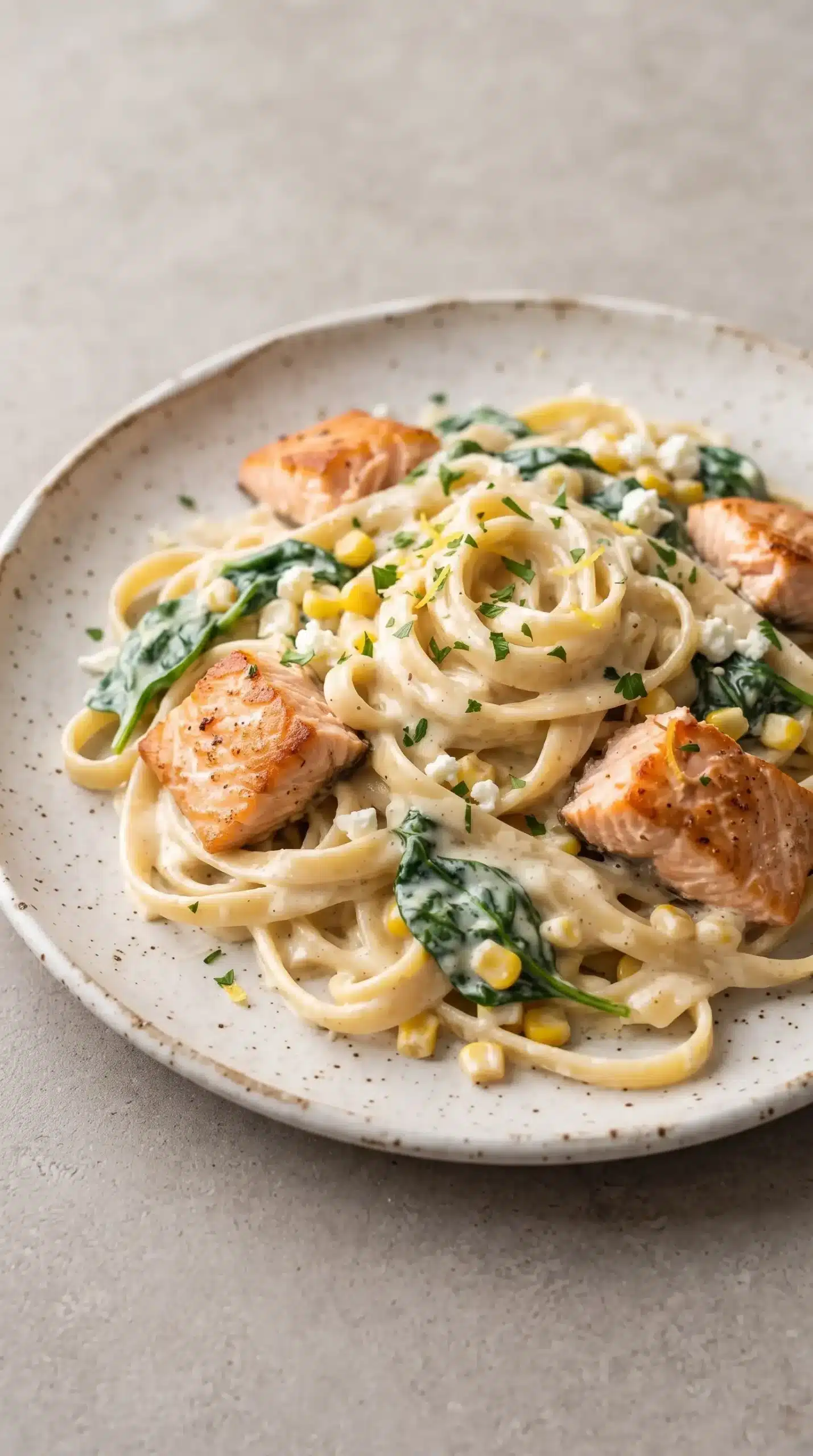 Finished creamy garlic salmon pasta with flaky salmon and Parmesan sauce