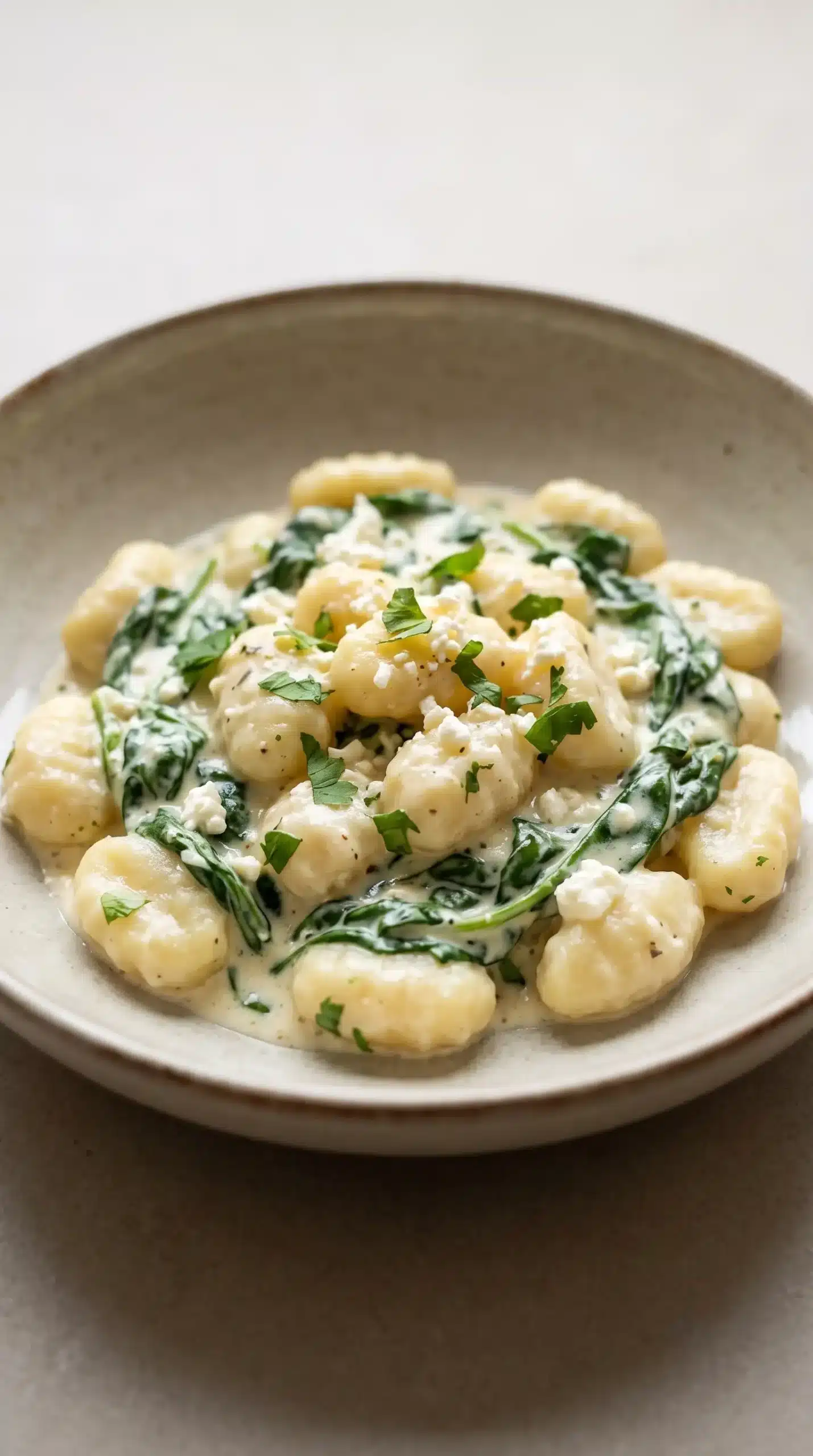 Finished creamy gnocchi with spinach and feta served in a shallow bowl