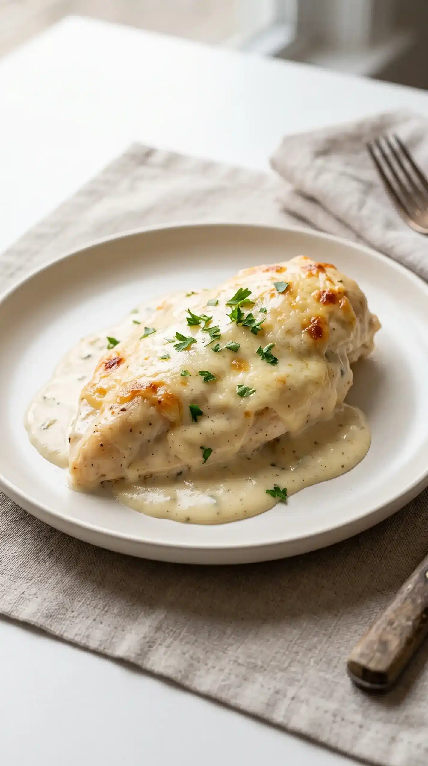 Creamy ranch chicken breast topped with sauce, melted cheese, and parsley
