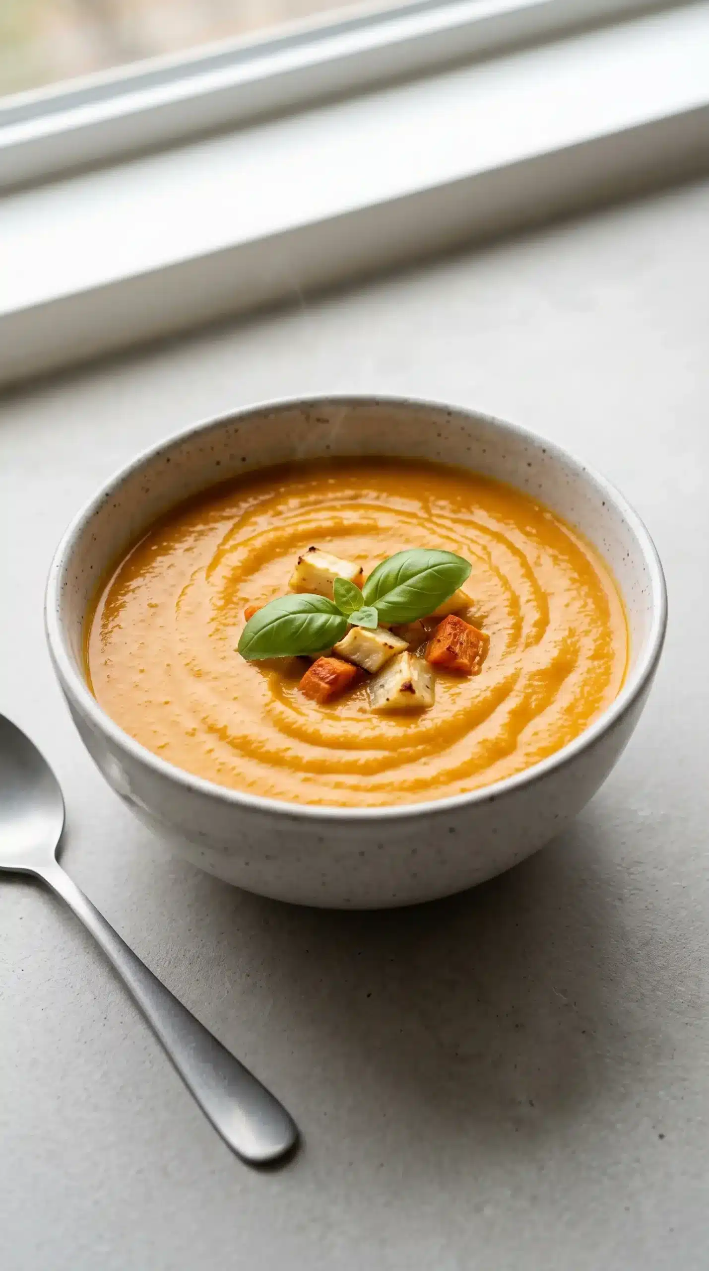 Bowl of creamy roasted veggie soup with coconut milk, basil, and roasted vegetable garnish