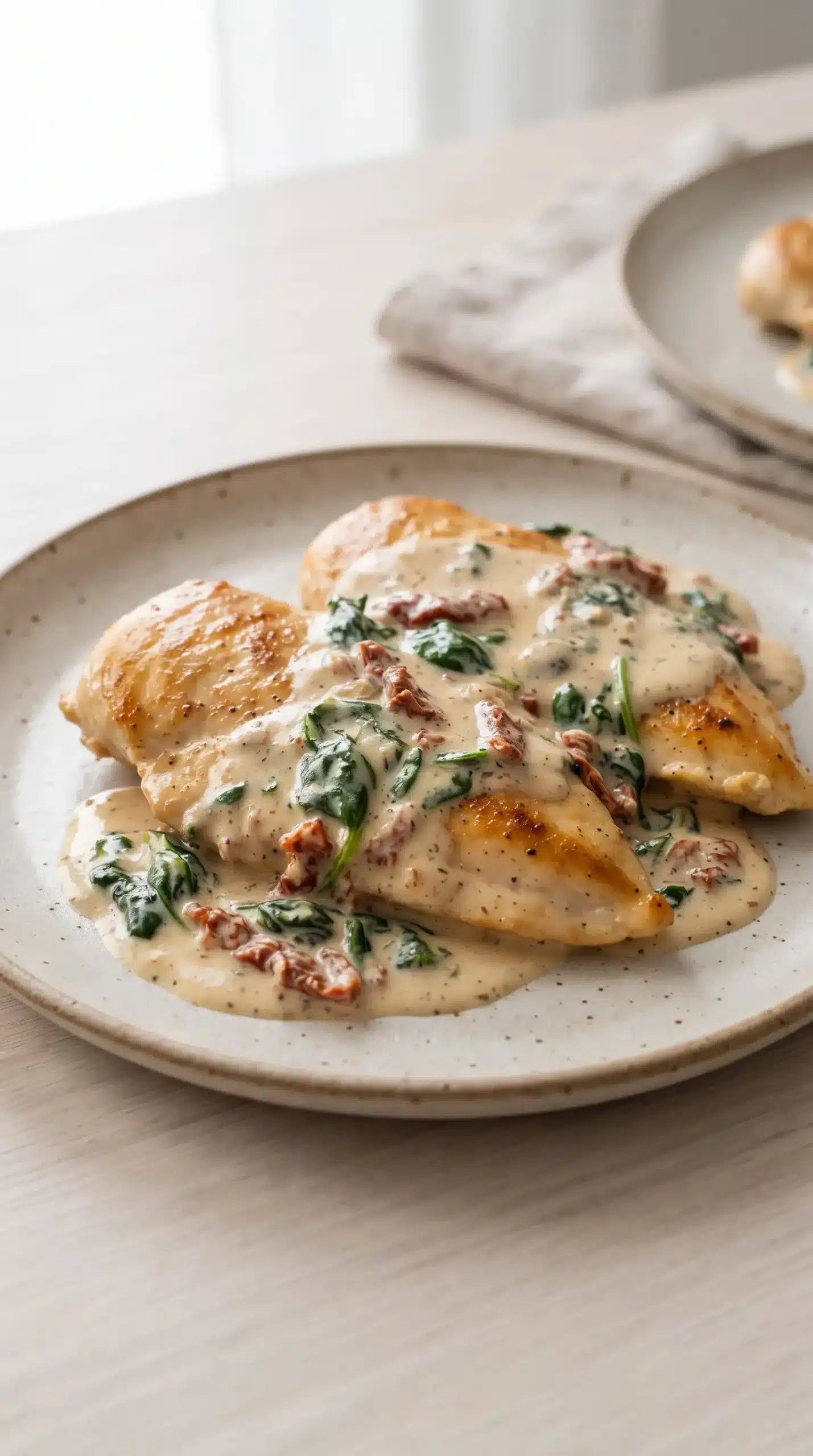 Finished creamy Tuscan chicken with spinach and sun-dried tomatoes served on a plate