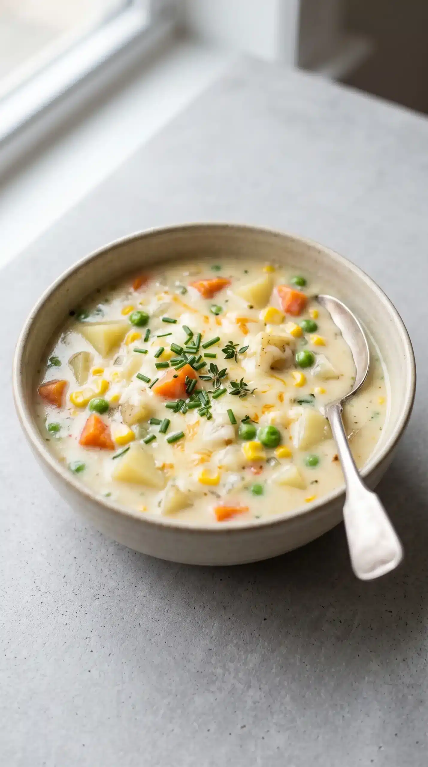 Bowl of creamy vegetable soup with cheese, vegetables, and herb garnish