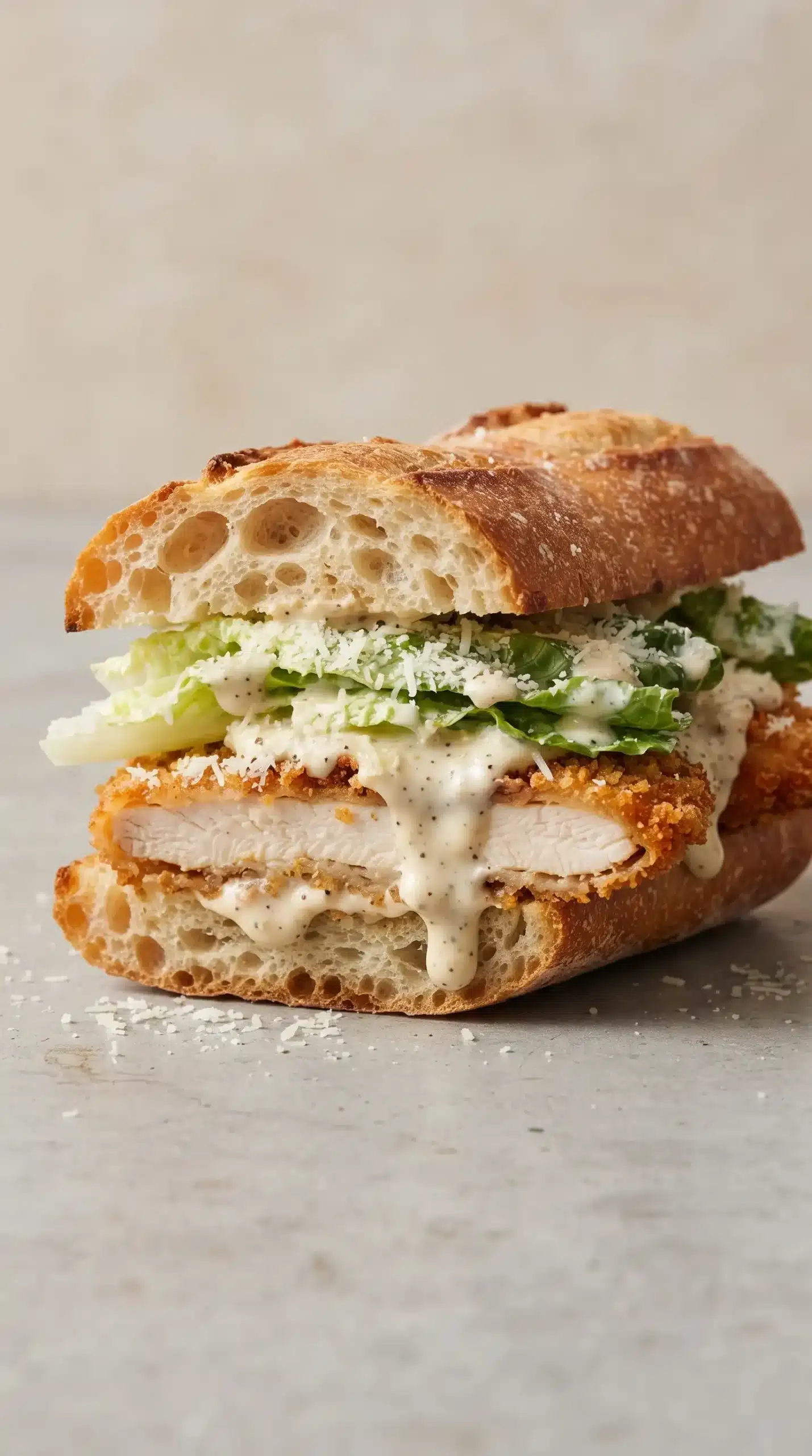 Finished crispy chicken Caesar sandwich with romaine, dressing, Parmesan, and crunchy chicken