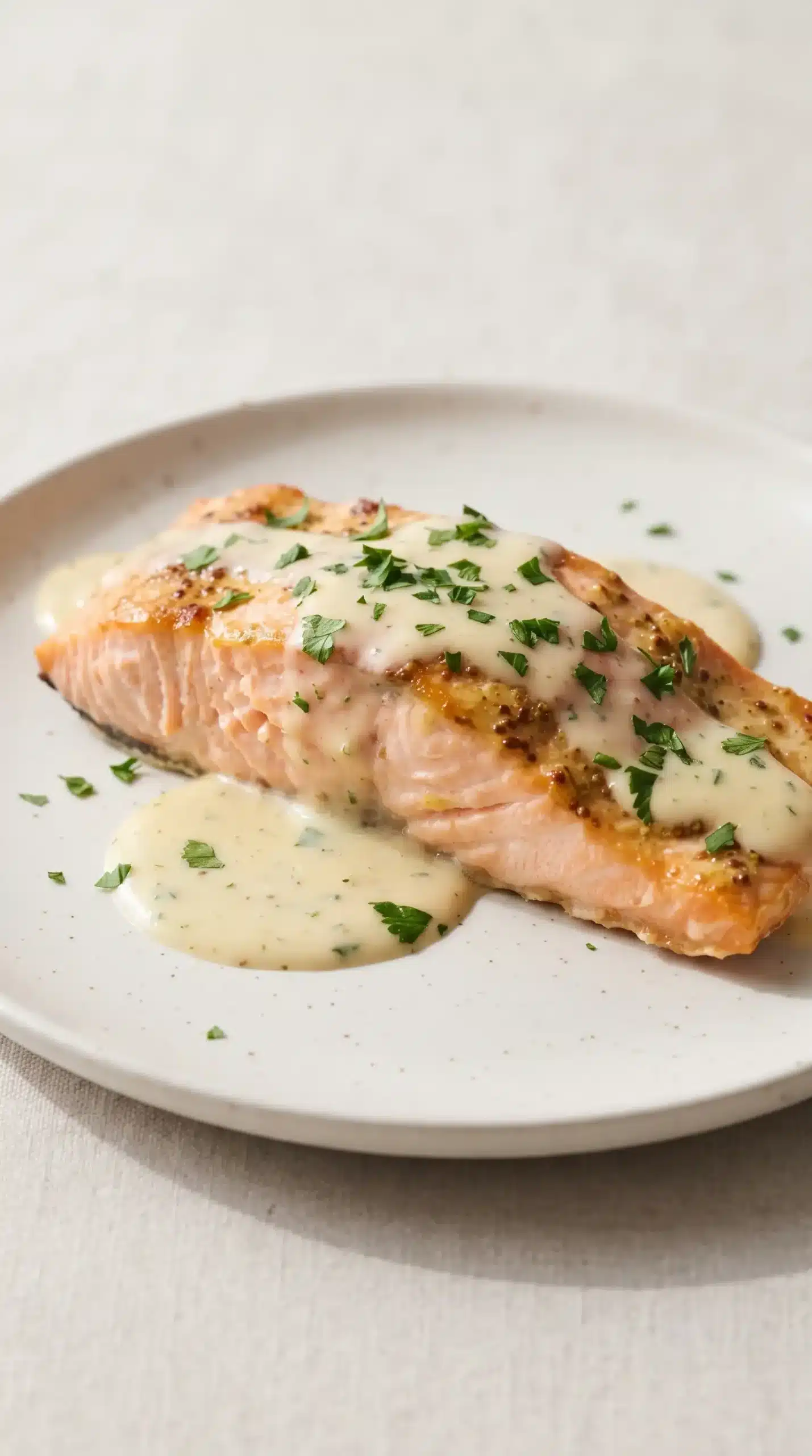 Baked Dijon salmon fillet topped with creamy lemon Dijon sauce and parsley