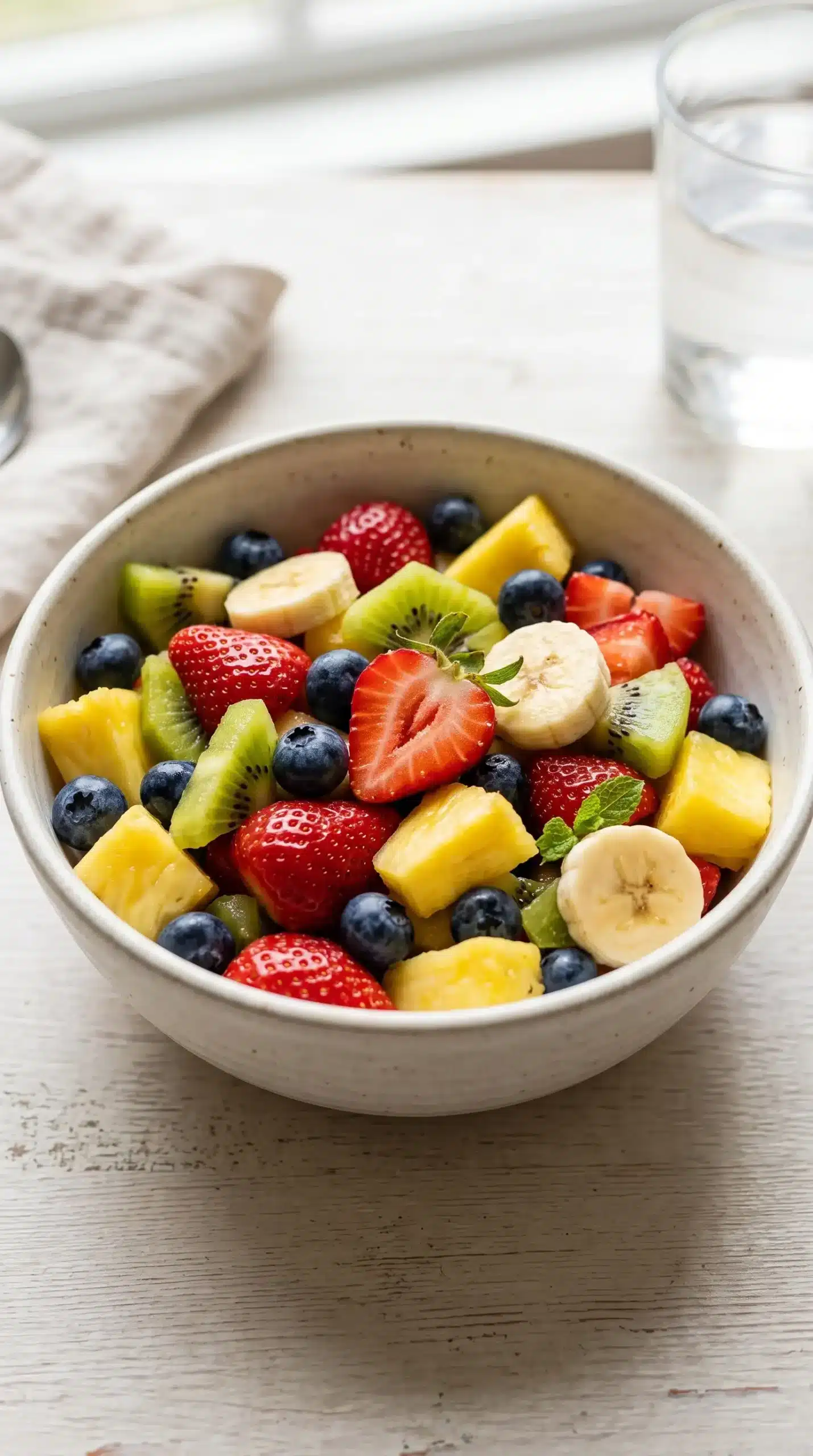 Finished fruit salad bowl with strawberries, blueberries, pineapple, kiwi, banana, and dressing