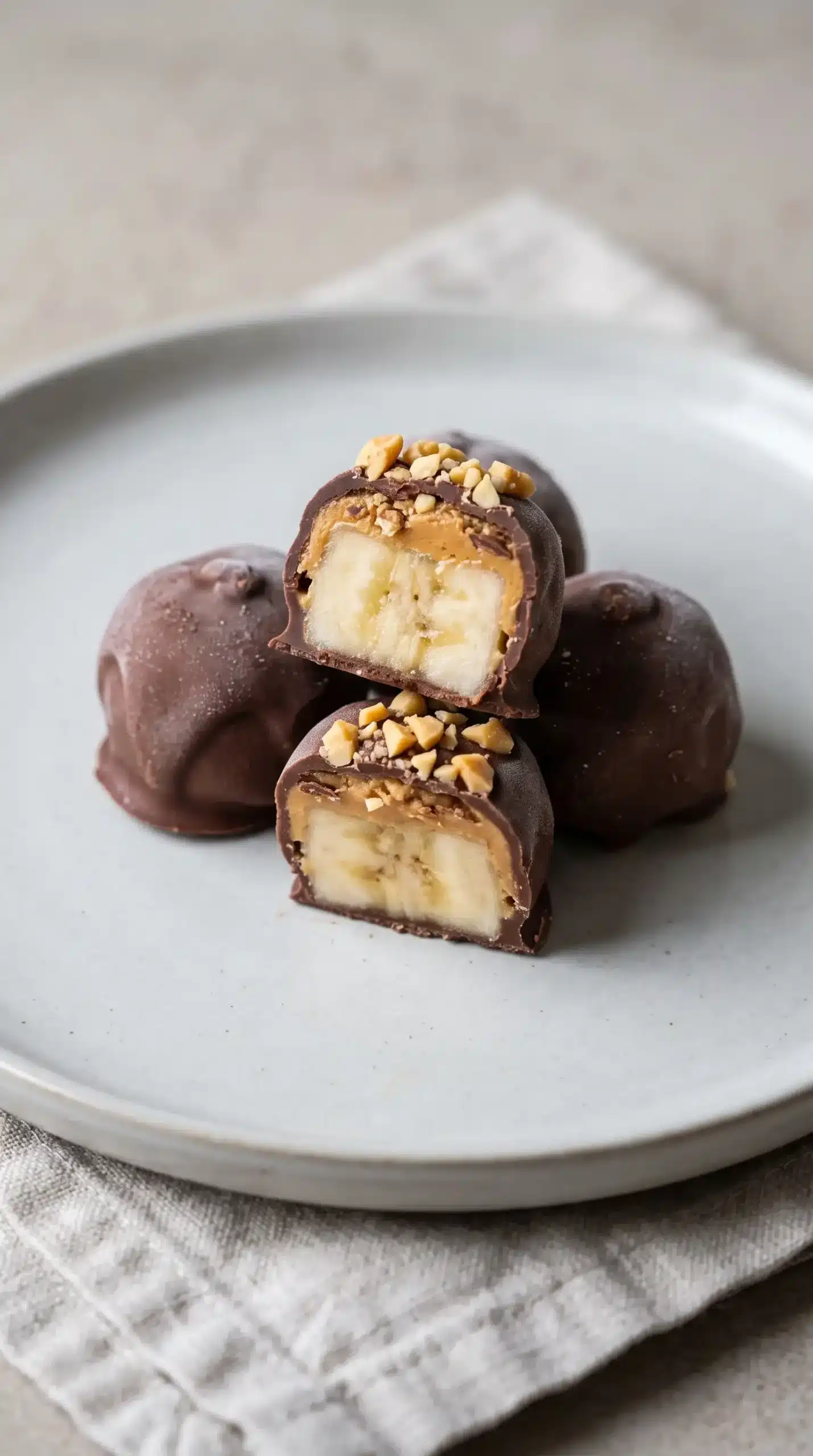Finished frozen banana snickers bites with chocolate shell, peanut butter layer, and peanut topping
