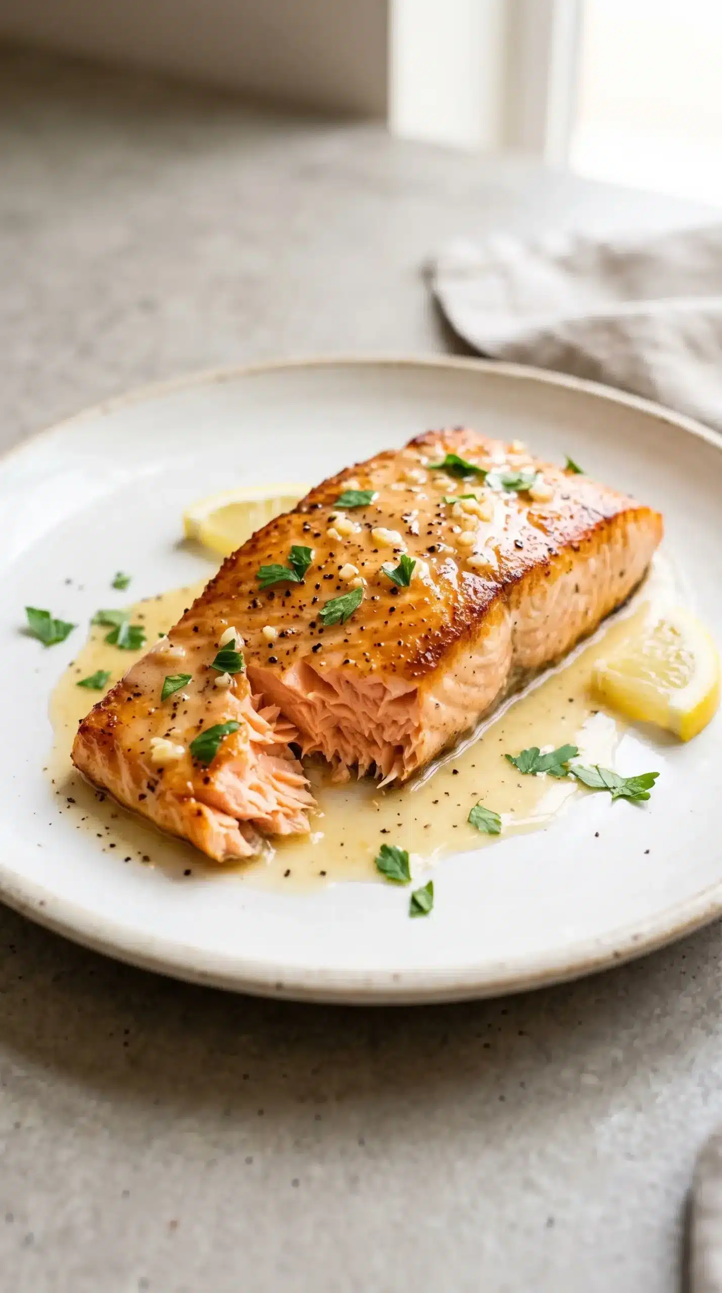 Plated garlic butter salmon fillet with flaky texture, lemon sauce, and parsley