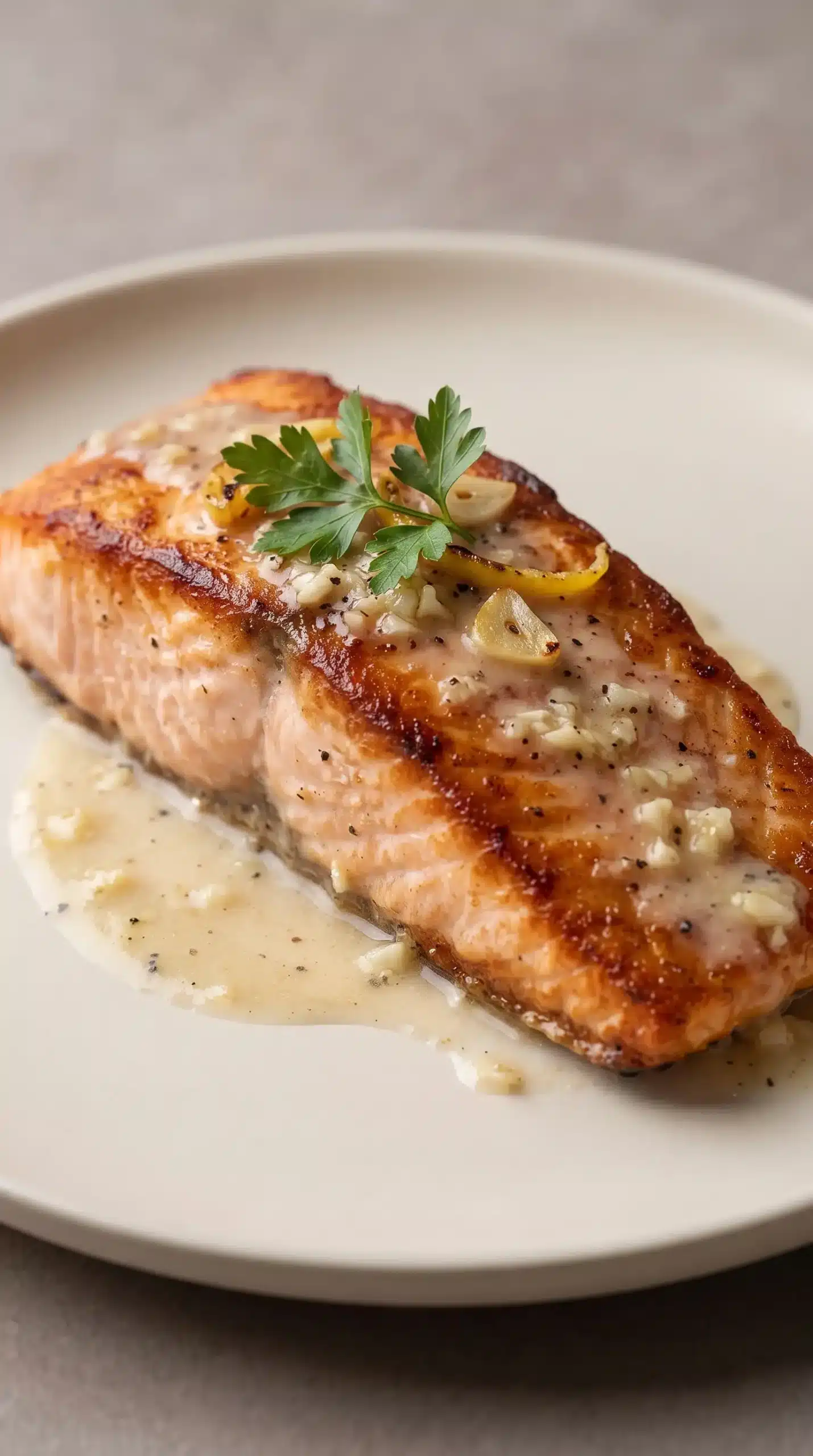 Garlic lemon butter salmon plated with sauce, flaky texture, herbs, and lemon