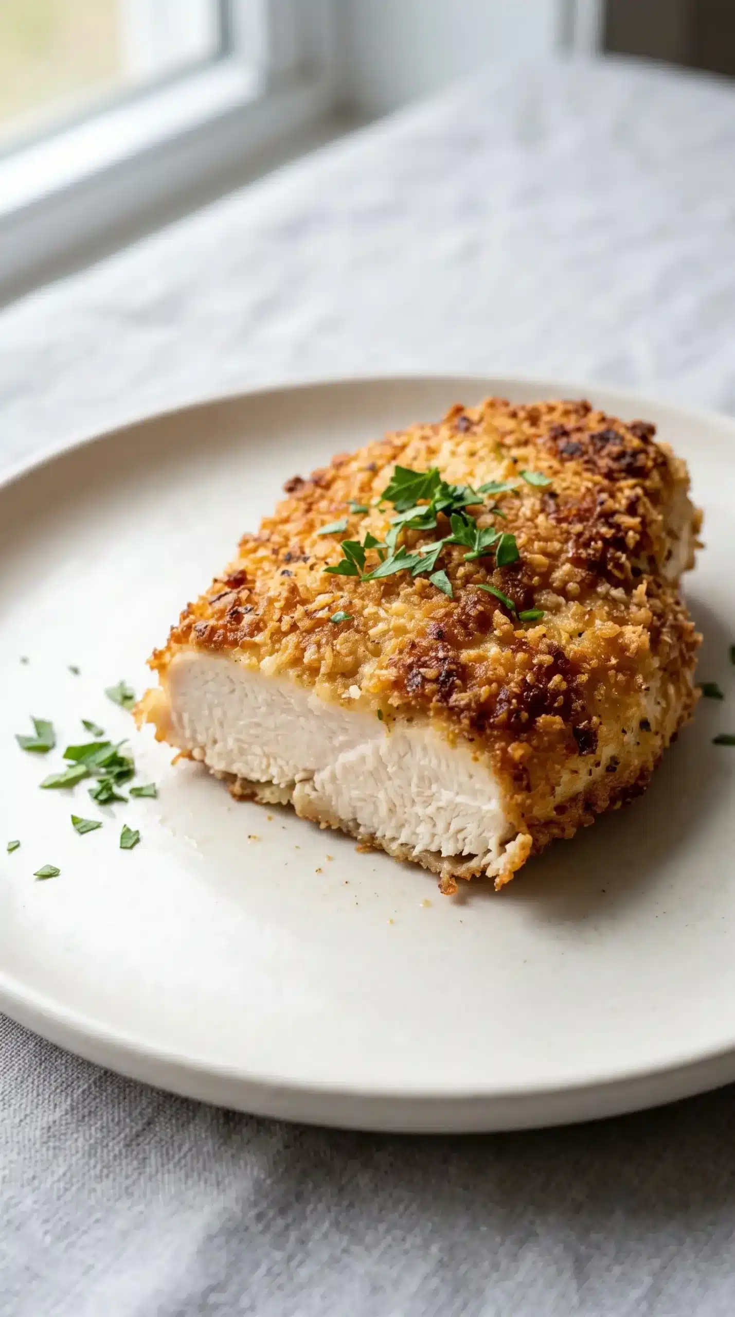 Garlic Parmesan chicken breast with crispy crust and tender interior on a plate