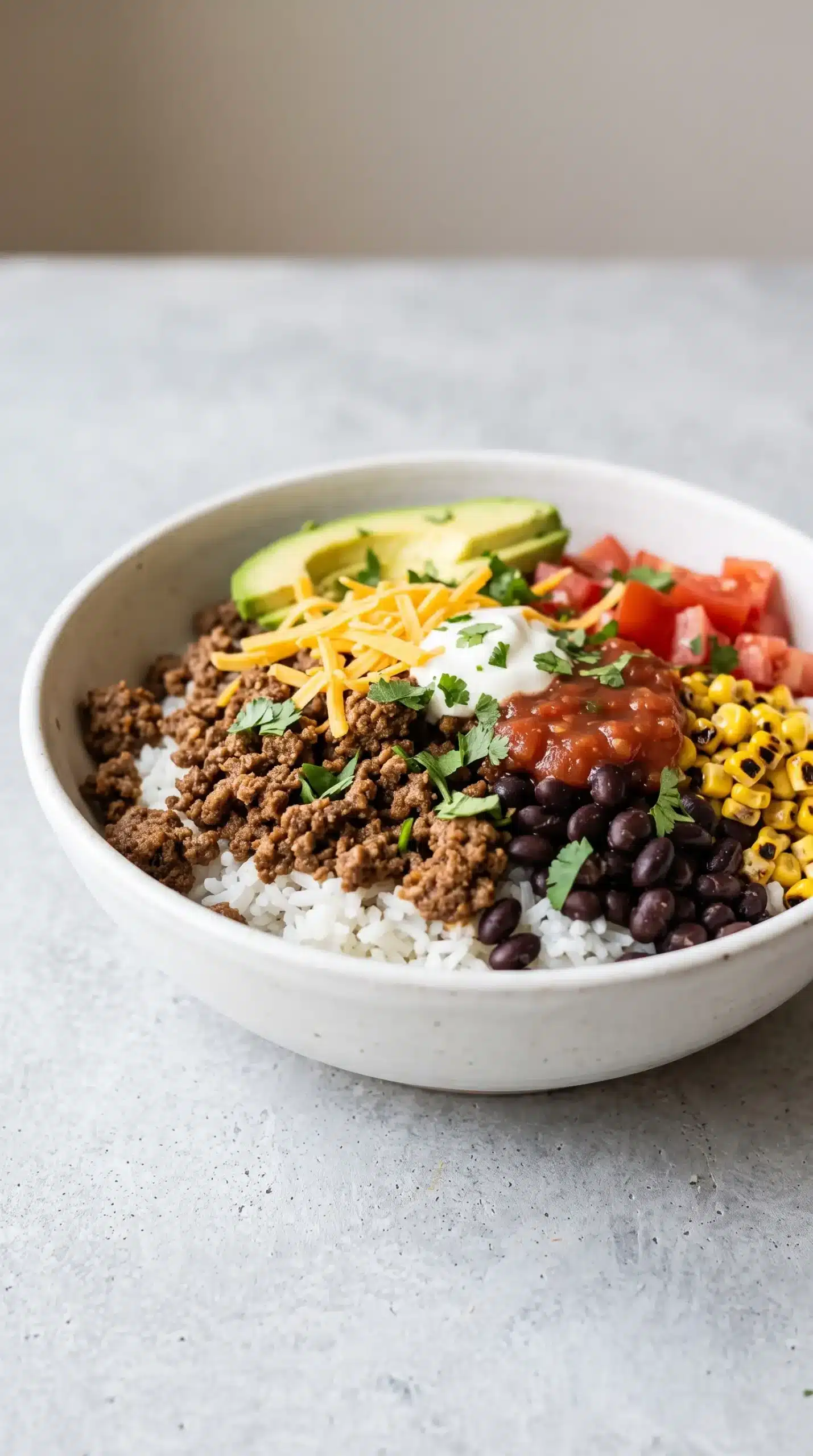 Finished ground beef burrito bowl layered with rice, beans, vegetables, avocado, cheese, and cilantro