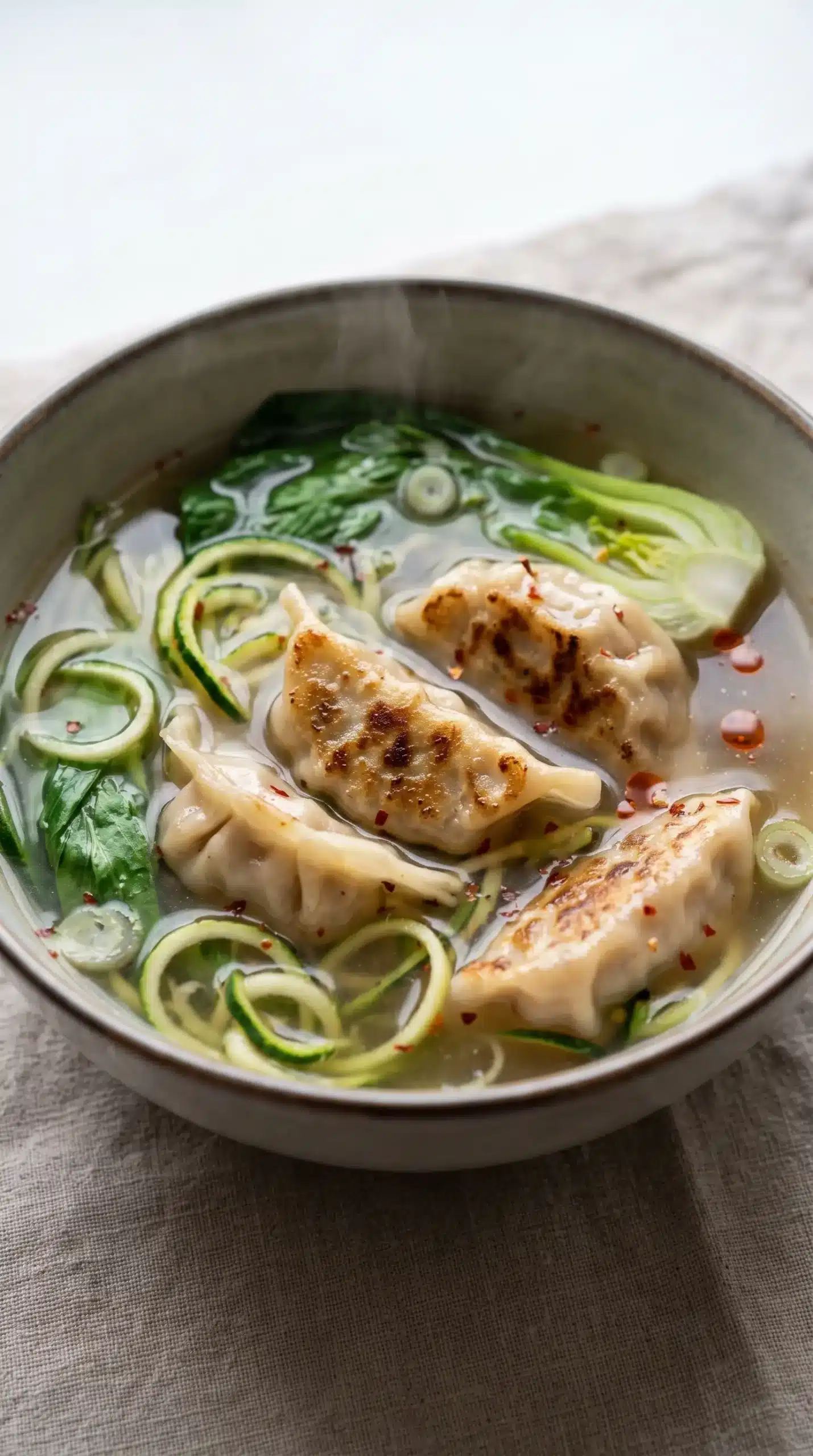 Bowl of gyoza soup with dumplings, vegetables, broth, and spring onion garnish