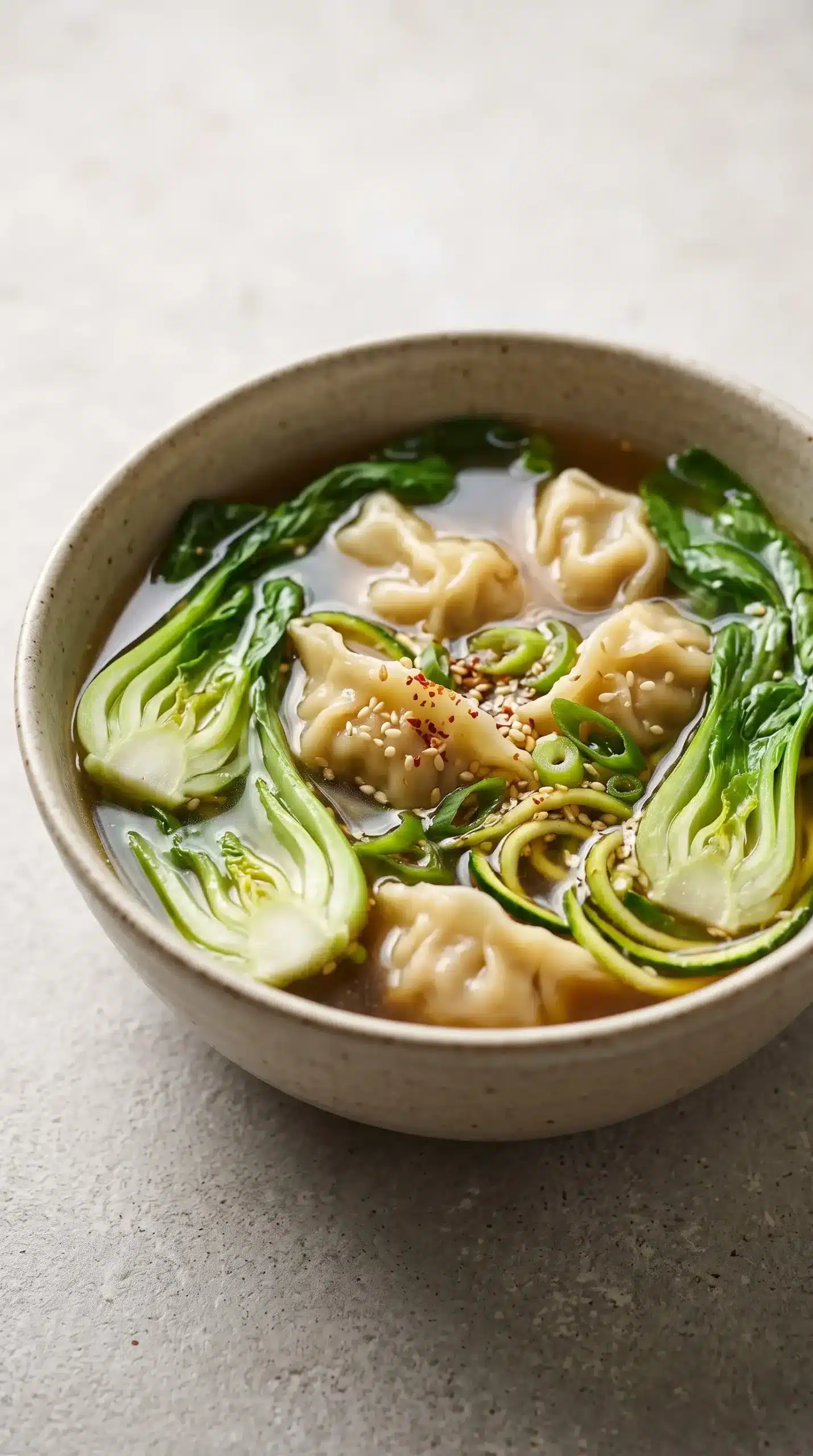 Finished gyoza soup with vegetable dumplings, pak choi, courgette, and spring onions