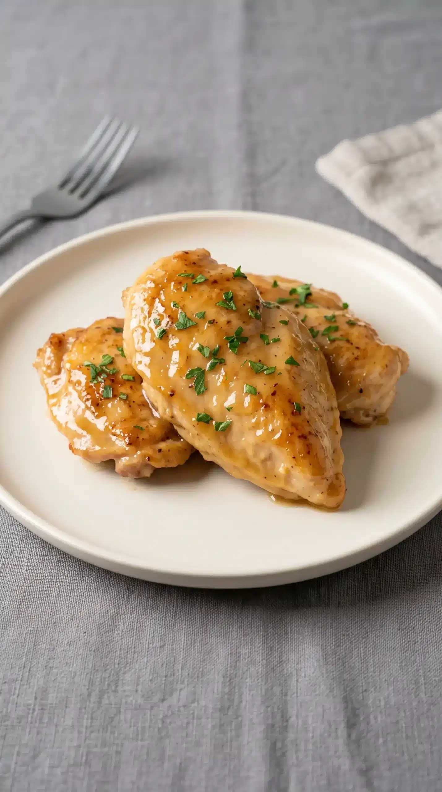 Finished honey butter chicken coated with glossy glaze and garnished with parsley